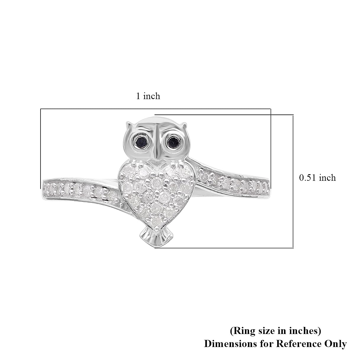 White Diamond & Black Diamond Owl Ring in Platinum Overlay Sterling Silver 0.25 Ct
