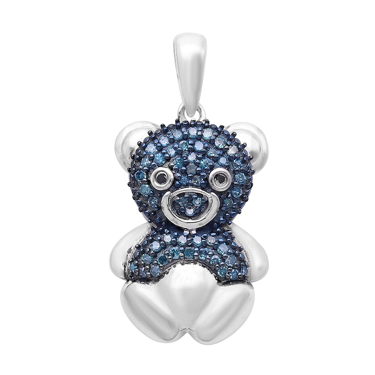 Black Diamond & Blue Diamond Teddy Bear Pendant in Platinum Overlay Sterling Silver 0.25 Ct