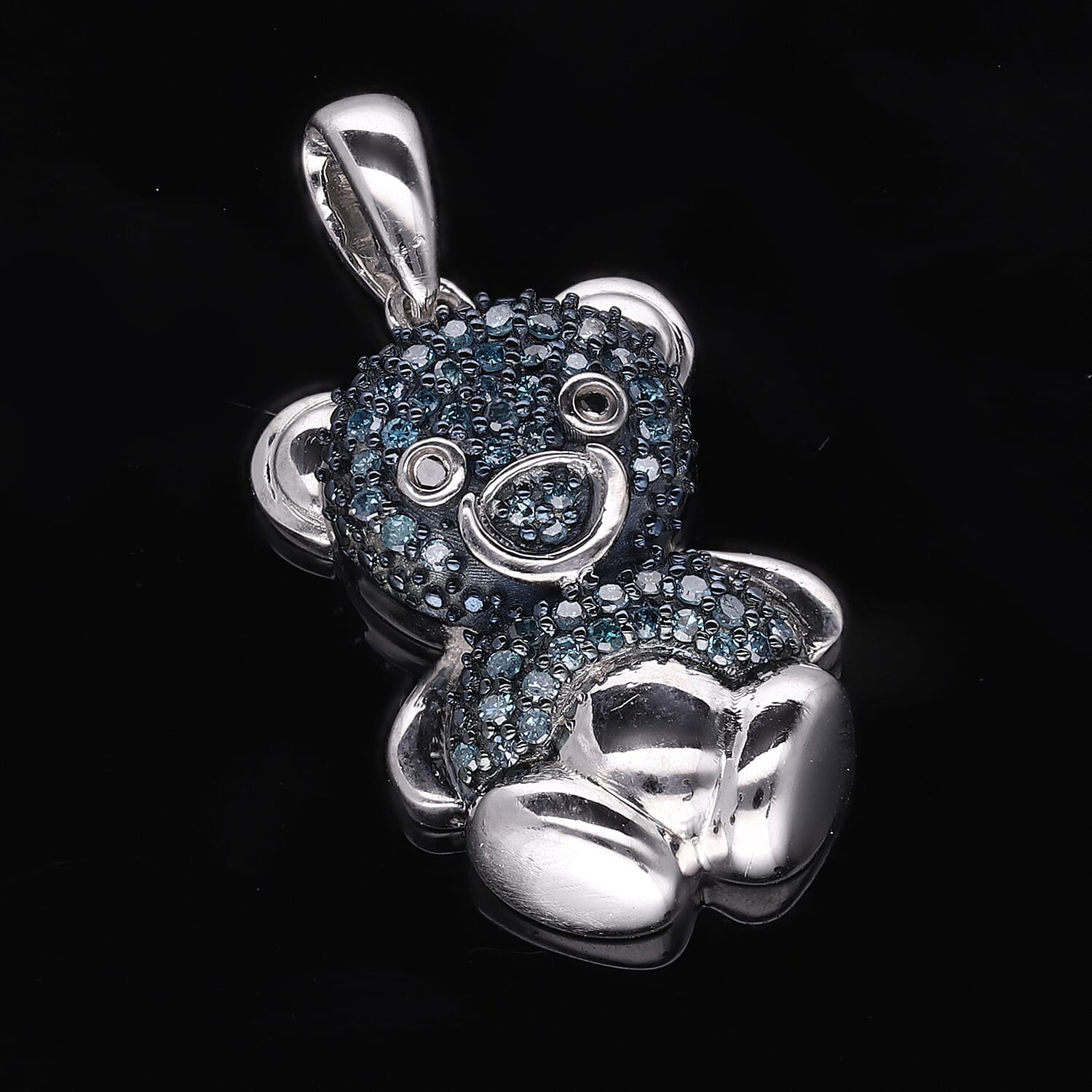 Black Diamond & Blue Diamond Teddy Bear Pendant in Platinum Overlay Sterling Silver 0.25 Ct