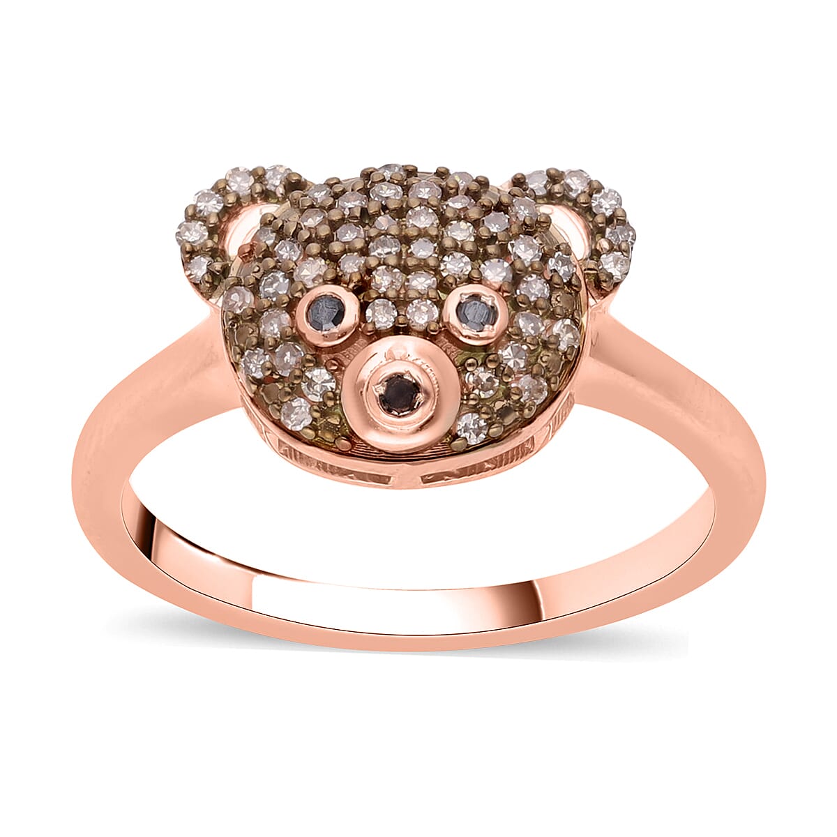 Black Diamond & Champagne Diamond Teddy Bear Ring in 18K Vermeil Rose Gold Plated Sterling Silver 0.25 Ct
