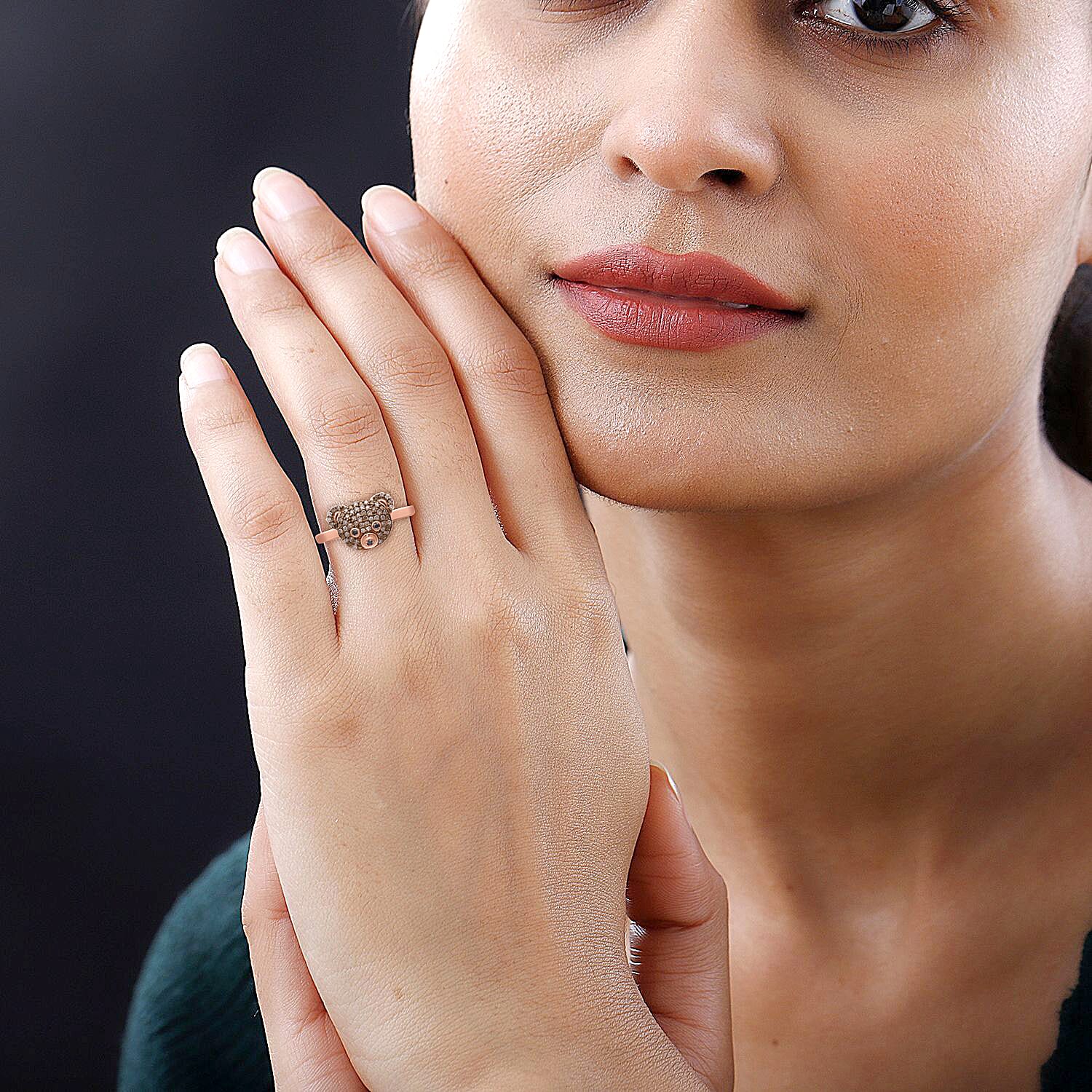 Black Diamond & Champagne Diamond Teddy Bear Ring in 18K Vermeil Rose Gold Plated Sterling Silver 0.25 Ct