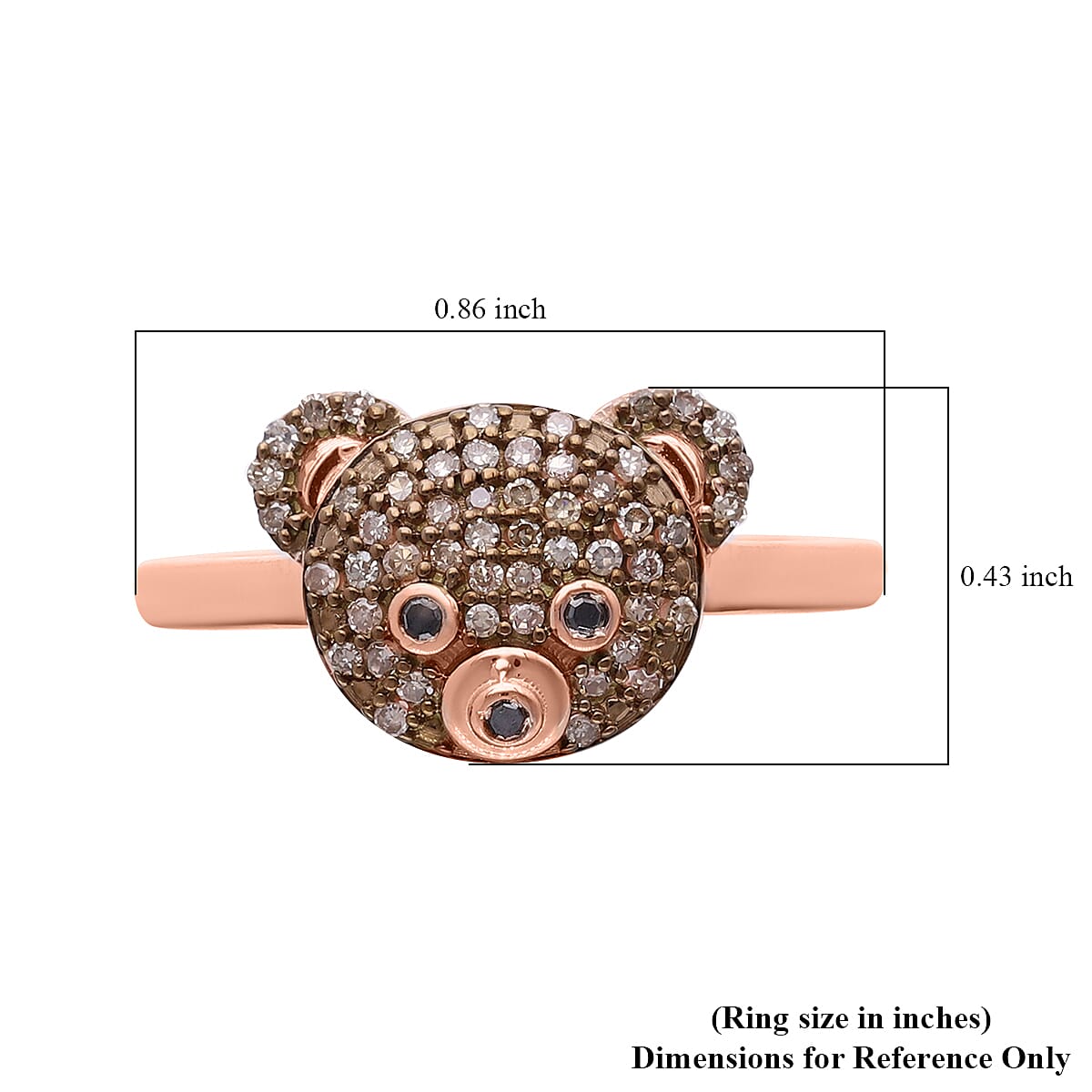 Black Diamond & Champagne Diamond Teddy Bear Ring in 18K Vermeil Rose Gold Plated Sterling Silver 0.25 Ct