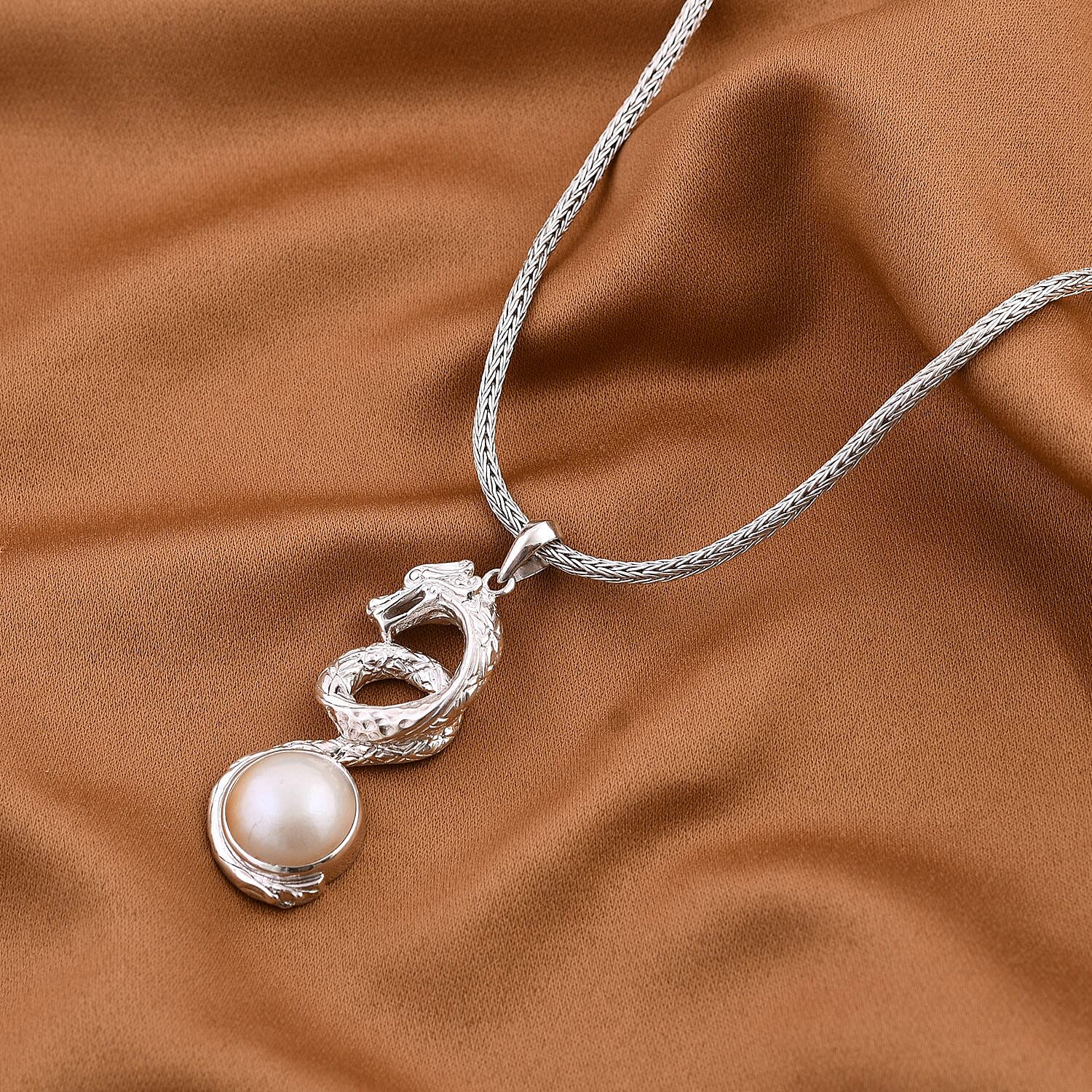 Royal Bali Collection - White Mabe Pearl Naga Necklace (Size - 20)  Sterling Silver 1.50 Ct, Silver Wt. 31.74 Gms