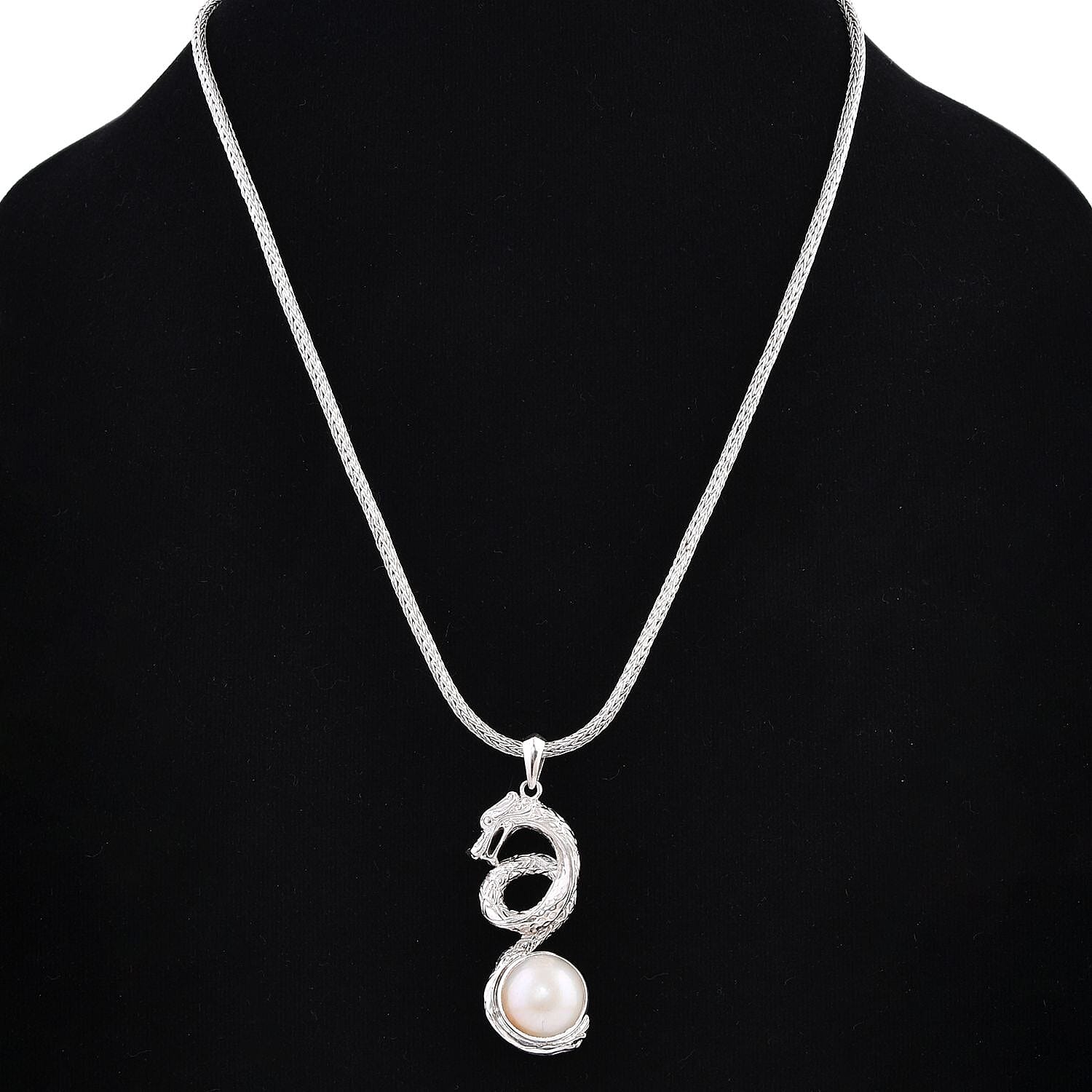Royal Bali Collection - White Mabe Pearl Naga Necklace (Size - 20)  Sterling Silver 1.50 Ct, Silver Wt. 31.74 Gms