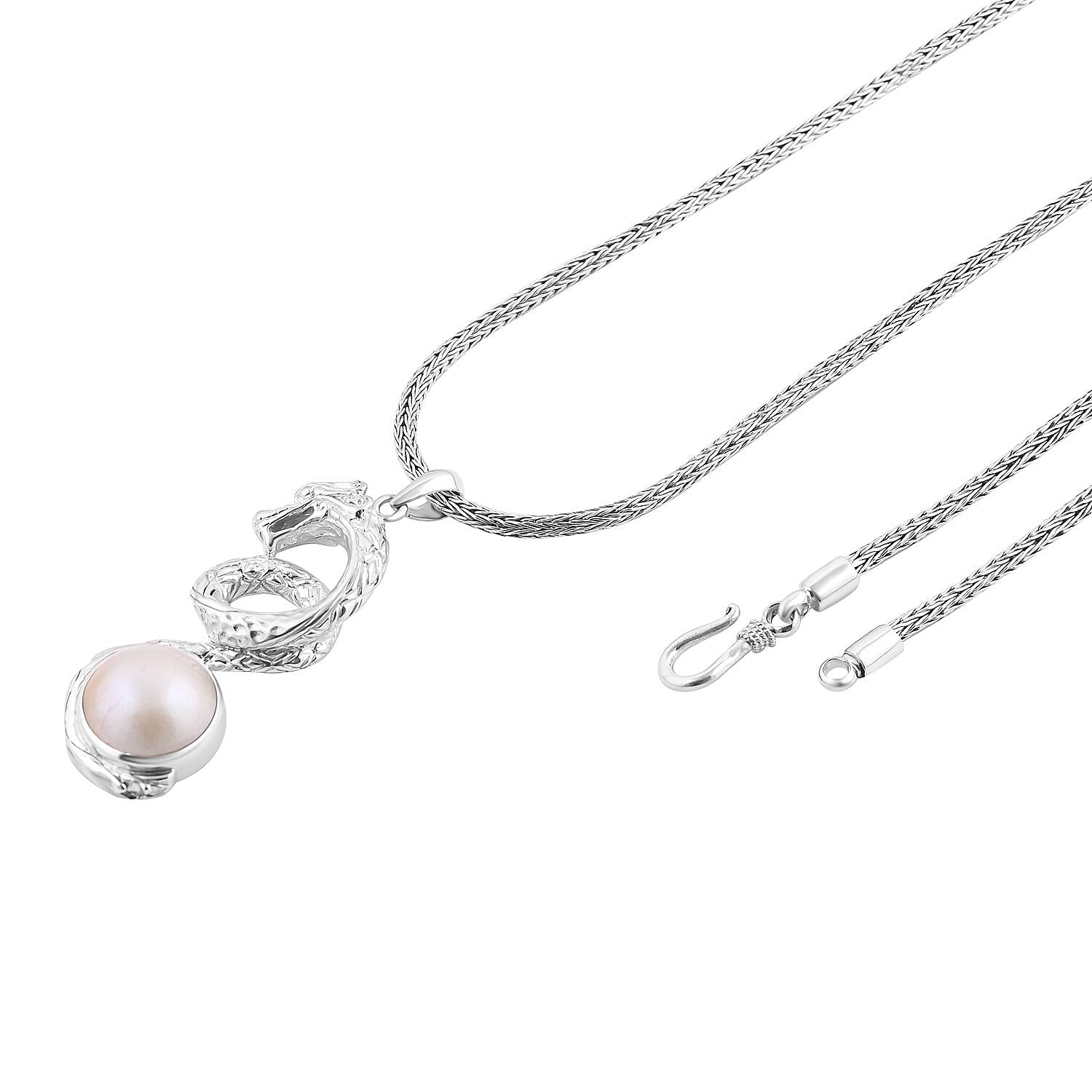 Royal Bali Collection - White Mabe Pearl Naga Necklace (Size - 20)  Sterling Silver 1.50 Ct, Silver Wt. 31.74 Gms