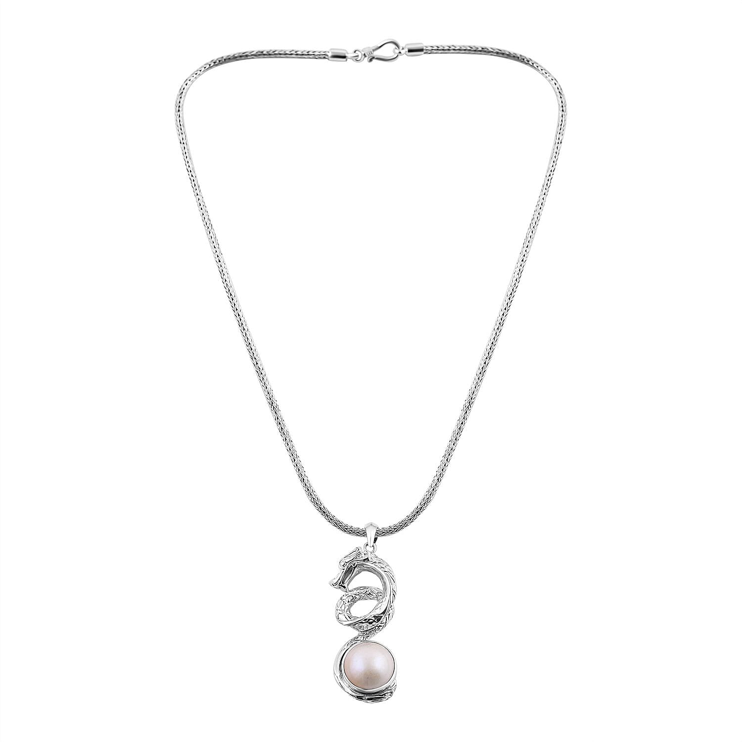 Royal Bali Collection - White Mabe Pearl Naga Necklace (Size - 20)  Sterling Silver 1.50 Ct, Silver Wt. 31.74 Gms