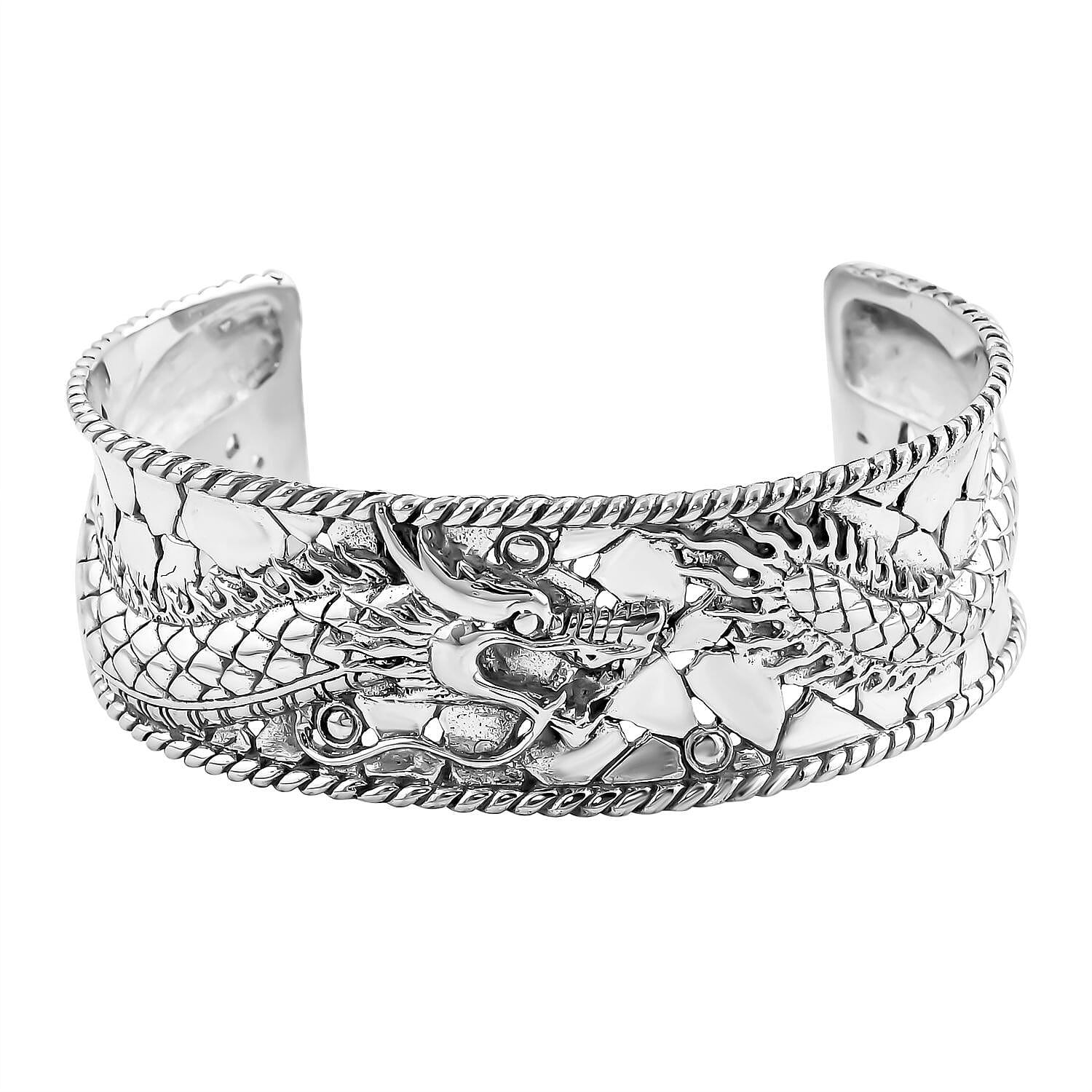 Royal Bali Majapahit Collection- Sterling Silver Dragon Cuff Bangle (Size - 7.5), Silver Wt. 33.75 Gms