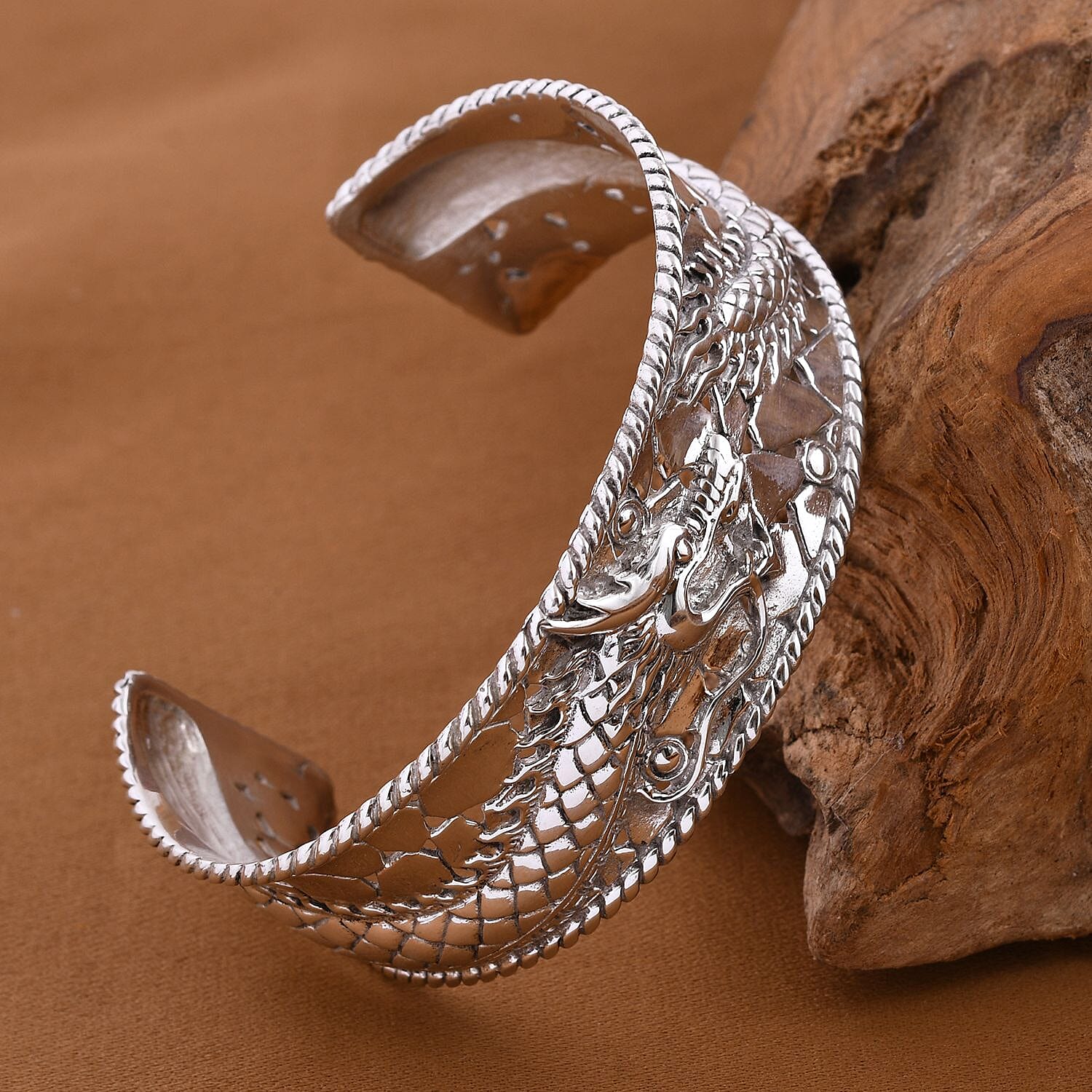 Royal Bali Majapahit Collection- Sterling Silver Dragon Cuff Bangle (Size - 7.5), Silver Wt. 33.75 Gms