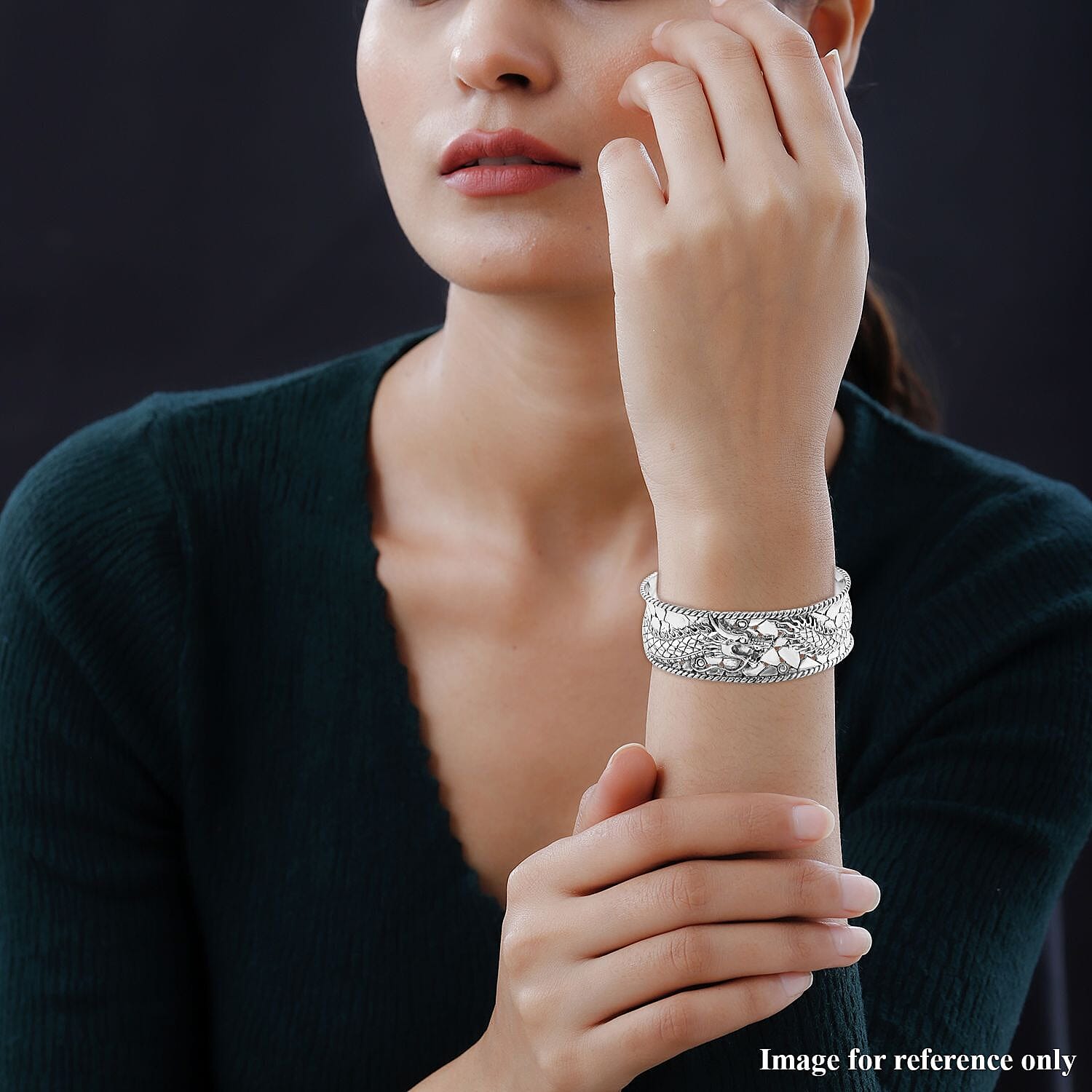 Royal Bali Majapahit Collection- Sterling Silver Dragon Cuff Bangle (Size - 7.5), Silver Wt. 33.75 Gms