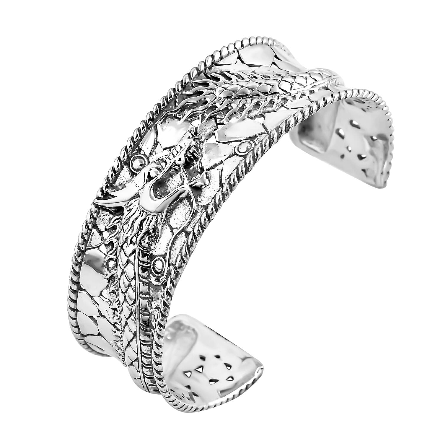 Royal Bali Majapahit Collection- Sterling Silver Dragon Cuff Bangle (Size - 7.5), Silver Wt. 33.75 Gms