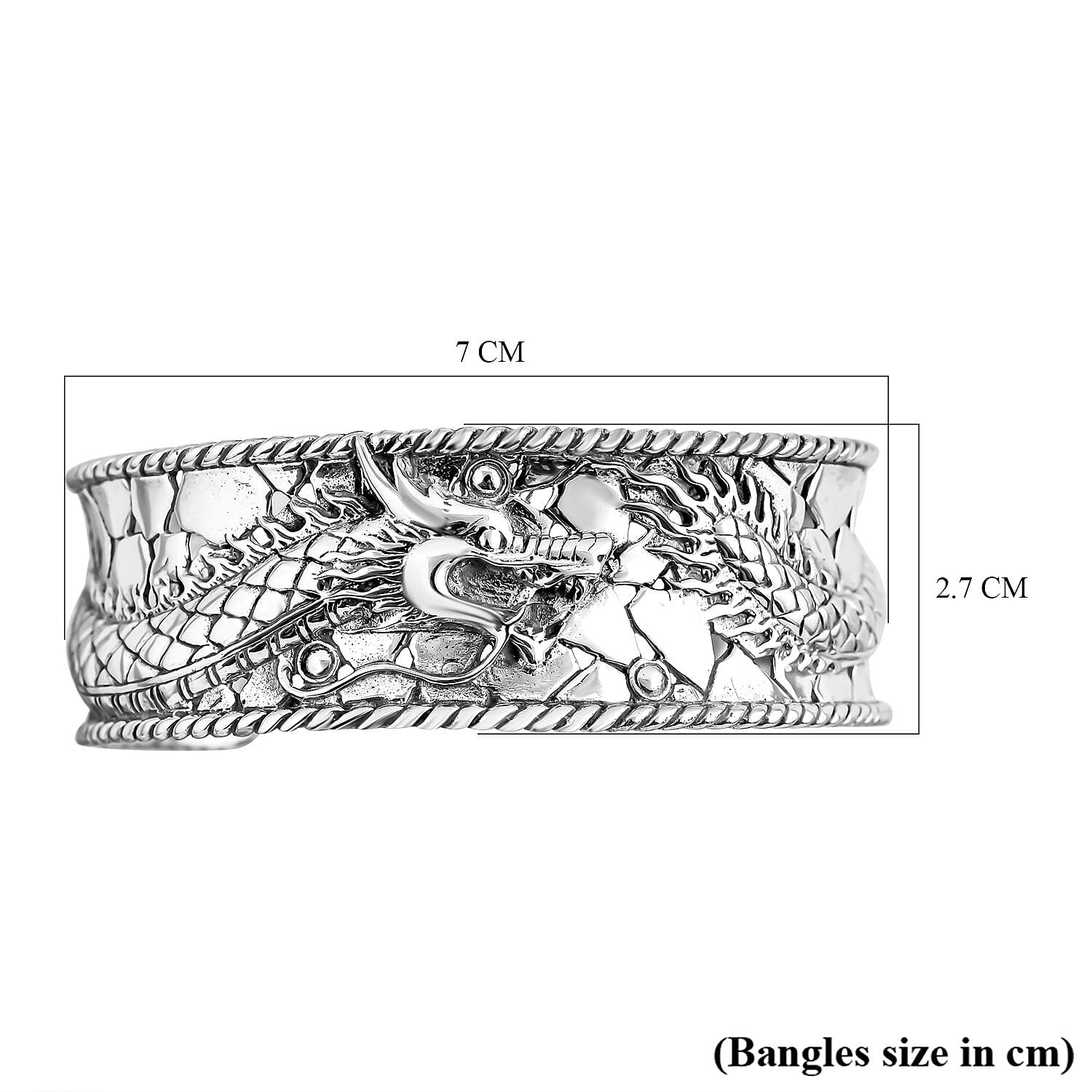 Royal Bali Majapahit Collection- Sterling Silver Dragon Cuff Bangle (Size - 7.5), Silver Wt. 33.75 Gms