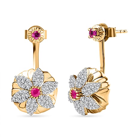 Fissure Filled Ruby , White Zircon Fancy Earring in Vermeil YG Sterling Silver 1.68 ct, Silver Wt. 6 Gms 1.232 Ct. Fissure Filled Ruby , White Zircon Fancy Earring in Vermeil YG Sterling Silver 1.68 ct, Silver Wt. 6 Gms 1.232 Ct.