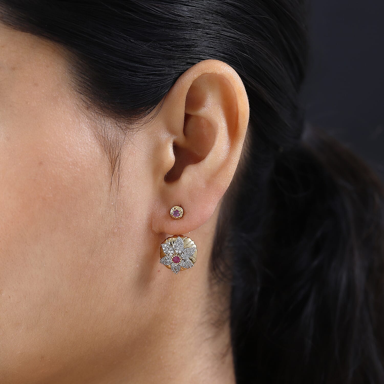 African Ruby & Natural Zircon Dangle Floral Earrings in 18K Vermeil YG Plated Sterling Silver 1.23 Ct, Silver Wt. 9.46 Gms