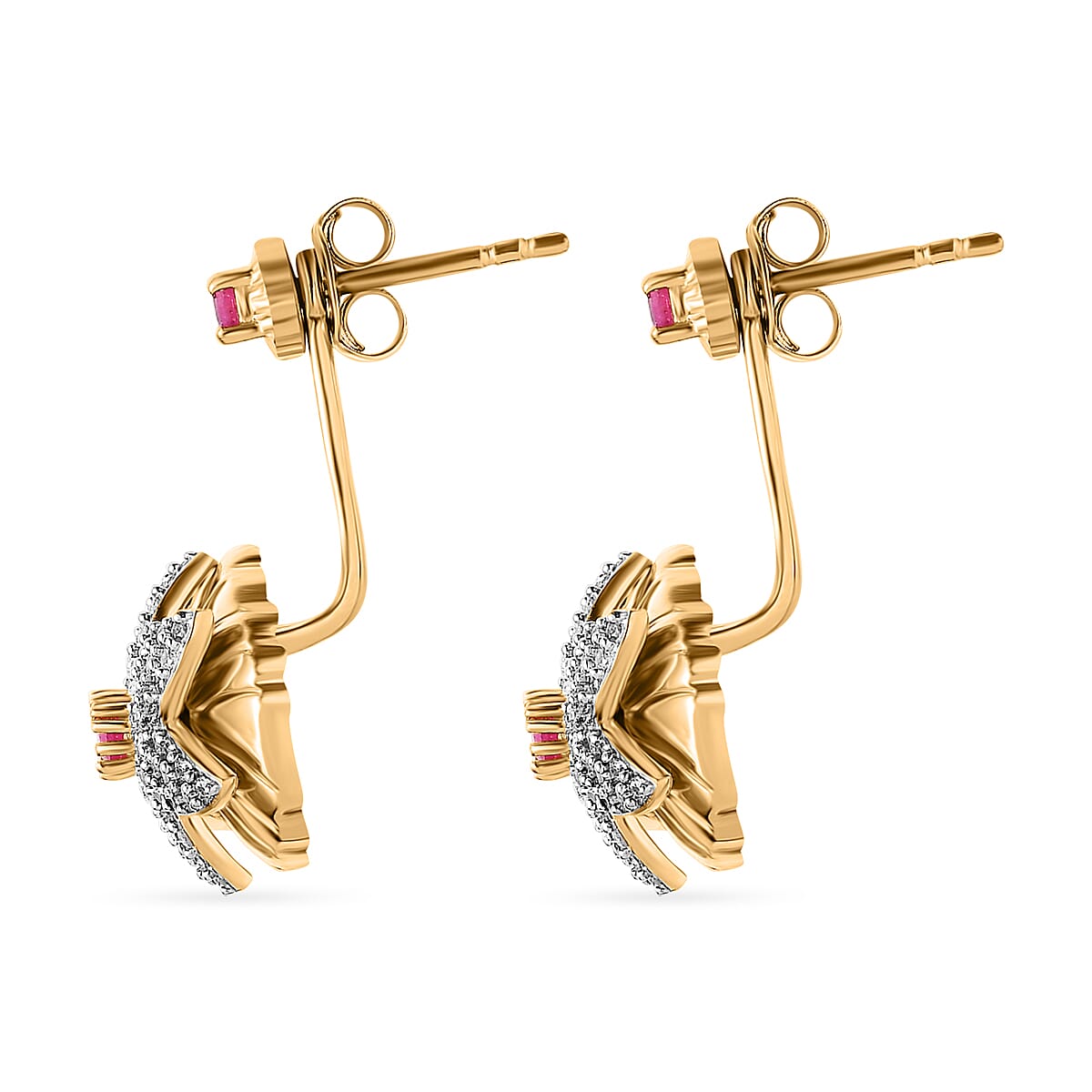 African Ruby & Natural Zircon Dangle Floral Earrings in 18K Vermeil YG Plated Sterling Silver 1.23 Ct, Silver Wt. 9.46 Gms