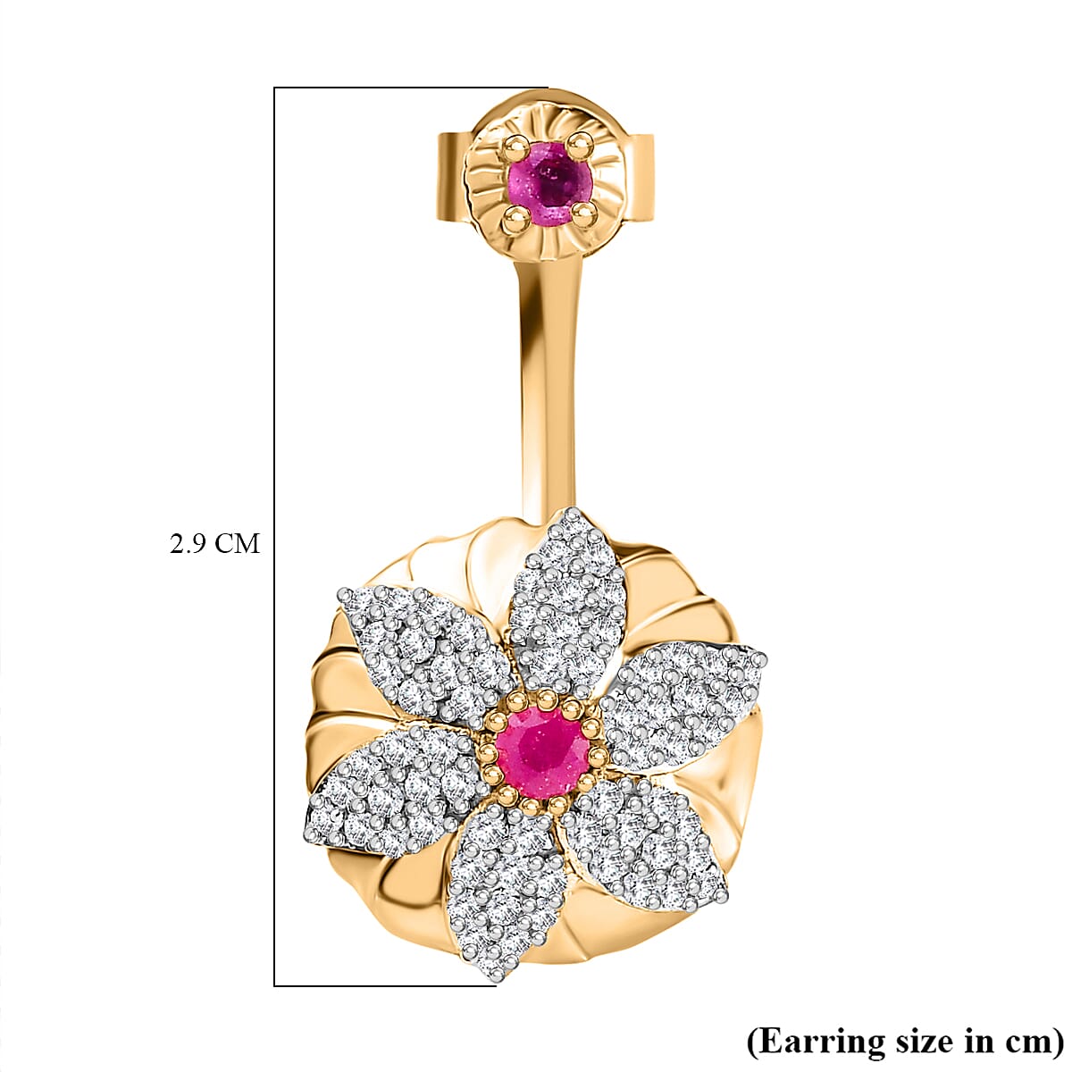 African Ruby & Natural Zircon Dangle Floral Earrings in 18K Vermeil YG Plated Sterling Silver 1.23 Ct, Silver Wt. 9.46 Gms
