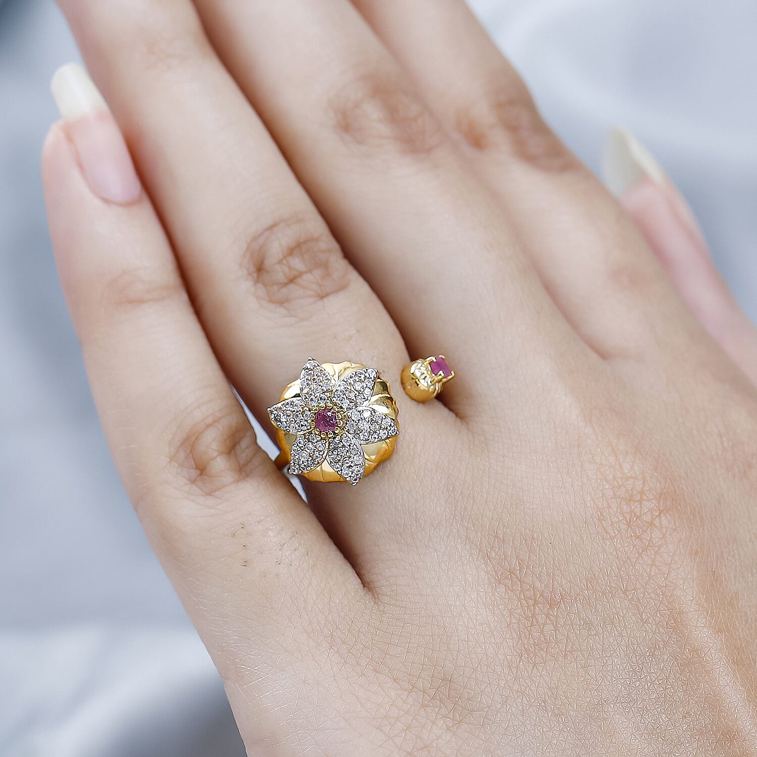 Ruby (FF) & Natural Zircon Floral Ring in 18K Yellow Gold Vermeil Plated Sterling Silver