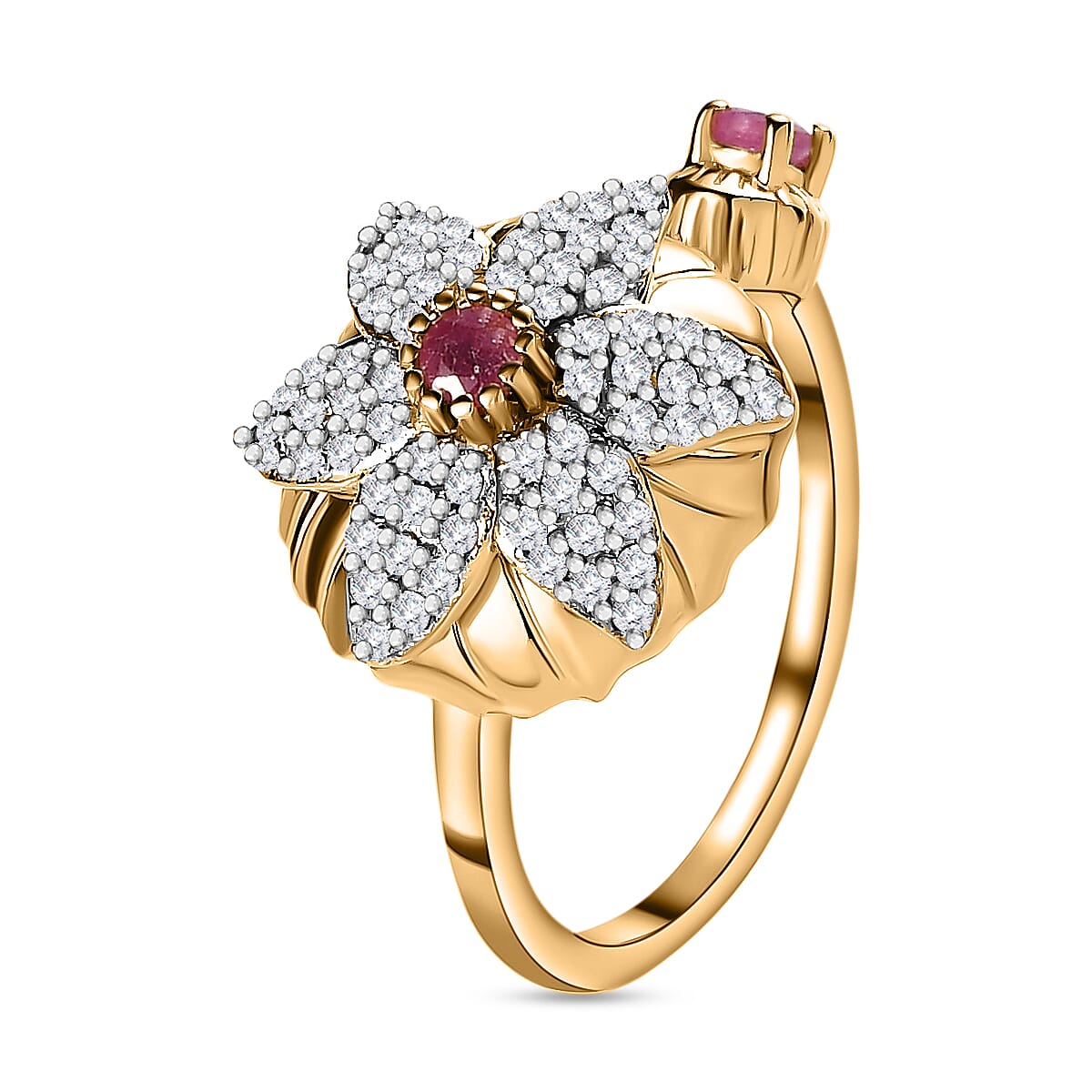 Ruby (FF) & Natural Zircon Floral Ring in 18K Yellow Gold Vermeil Plated Sterling Silver