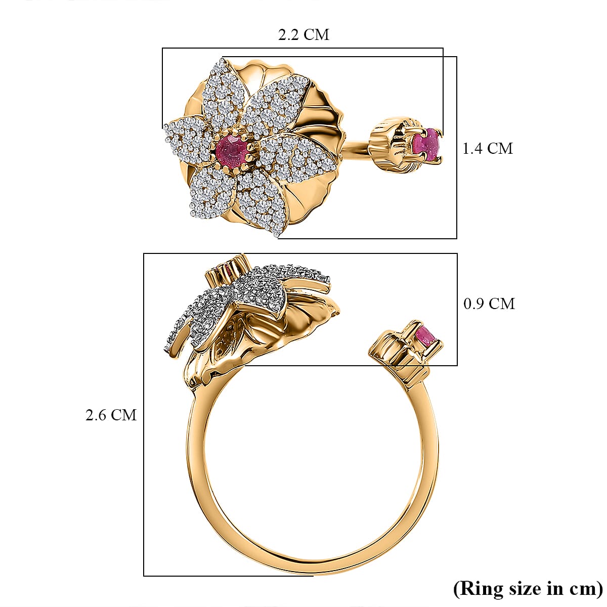 Ruby (FF) & Natural Zircon Floral Ring in 18K Yellow Gold Vermeil Plated Sterling Silver