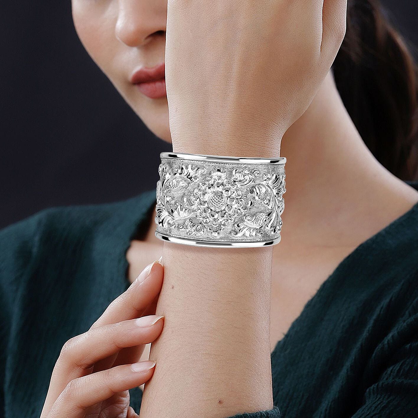 Royal Bali Collection - Sterling Silver Besakih Cuff Bangle (Size 7.50), Silver Wt 28.70 Gms.