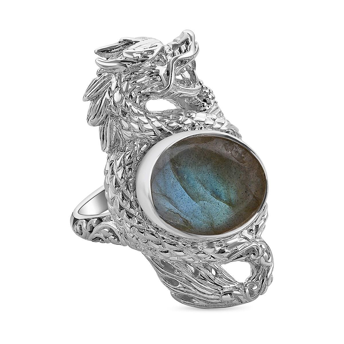 Iconic Collection Royal Bali Collection - Labradorite Solitaire Dragon Ring in Sterling Silver 10.00 Ct