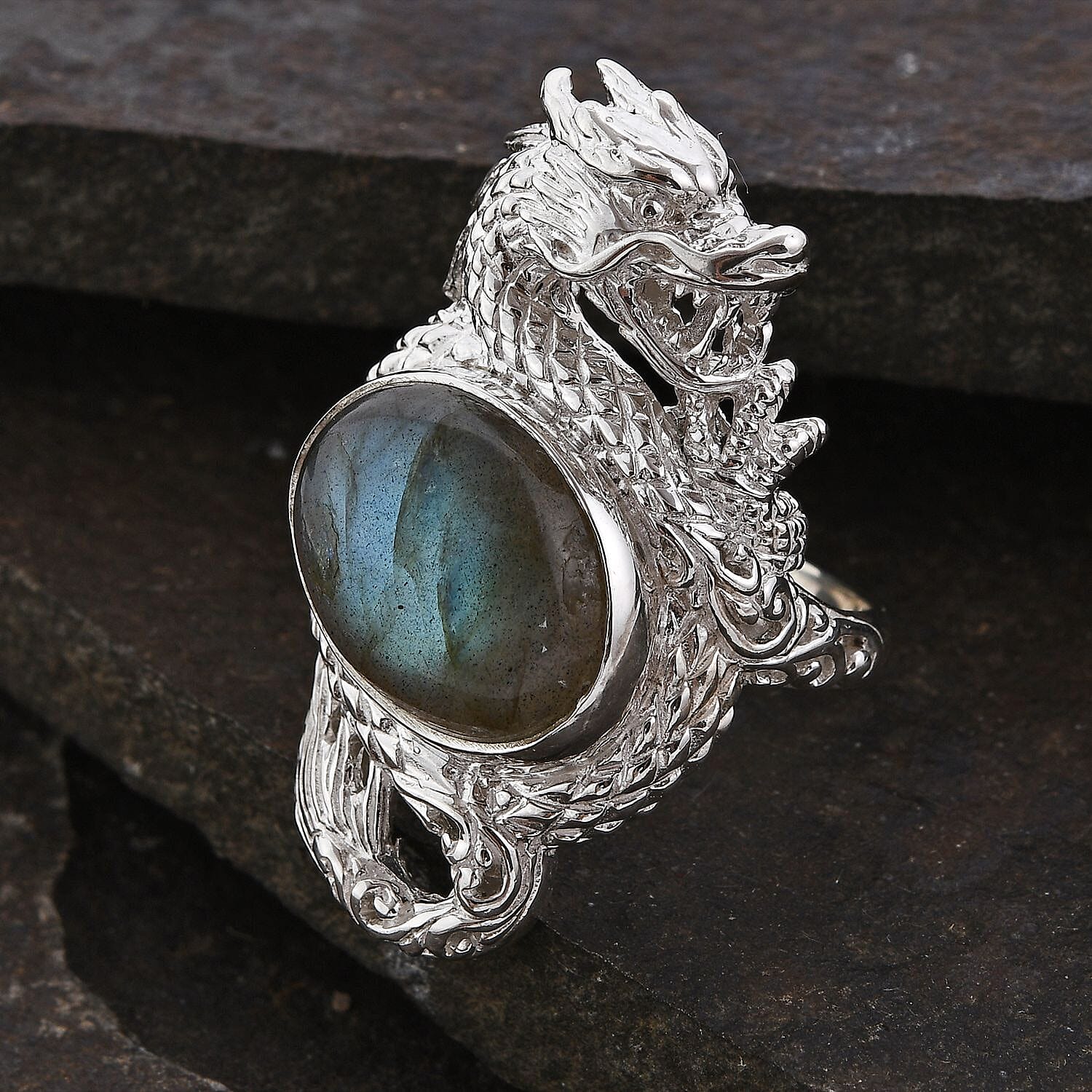 Iconic Collection Royal Bali Collection - Labradorite Solitaire Dragon Ring in Sterling Silver 10.00 Ct