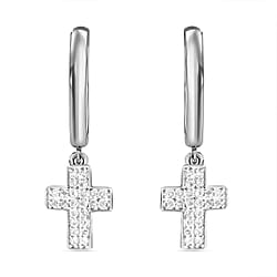 White Diamond Hoop Cross Dangle Earring in 18K Vermeil Yellow Gold Sterling Silver 0.25 ct 0.240 Ct.