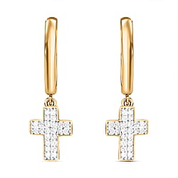 White Diamond Hoop Cross Dangle Earring in 18K Vermeil Yellow Gold Sterling Silver 0.25 ct 0.240 Ct.