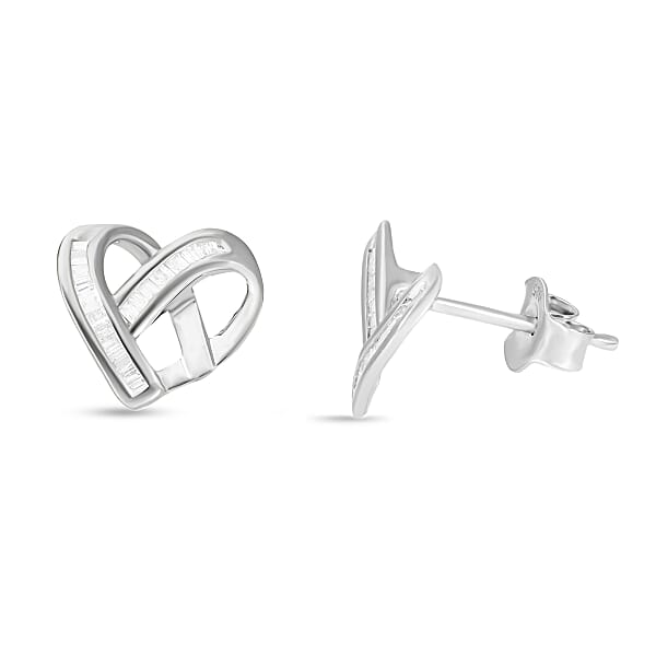 White Diamond Heart Stud Earring in Platinum Overlay Sterling Silver 0.