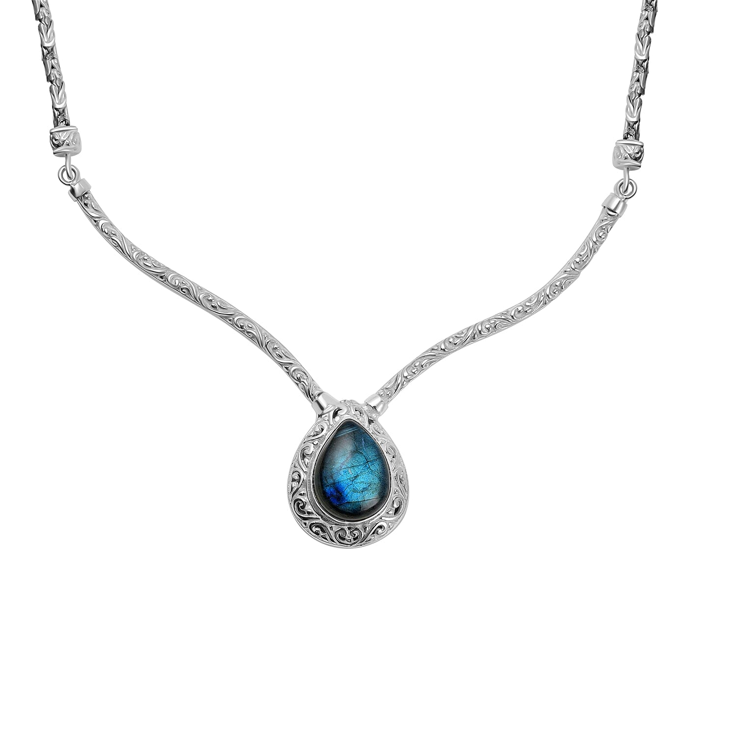 Royal Bali - Handmade Labradorite Necklace (Size - 20) in Sterling Silver 15.00 Ct, Silver Wt. 24.50 Gms