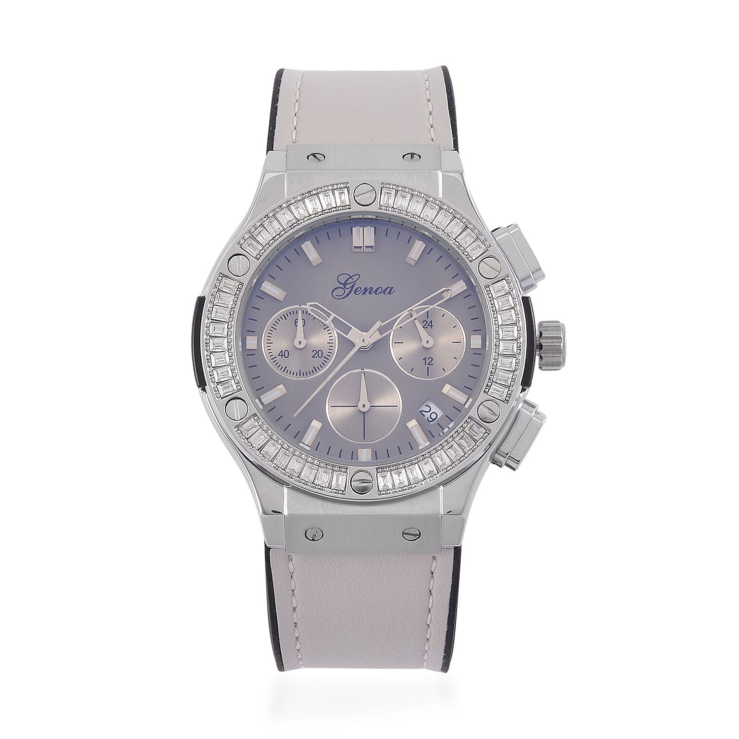 GENOA Time V2 Multifunction Movement Embellished with White CZ WR Watch in Silver Tone with Grey Silicone Strap