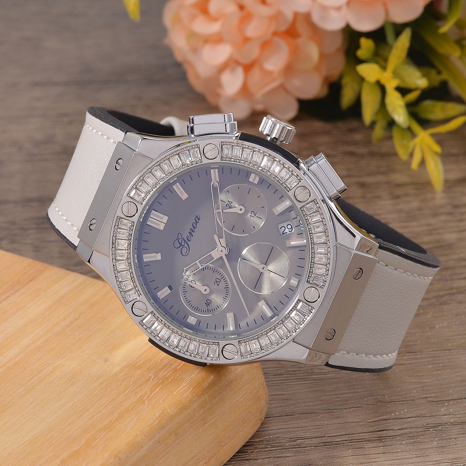 GENOA Time V2 Multifunction Movement Embellished with White CZ WR Watch in Silver Tone with Grey Silicone Strap