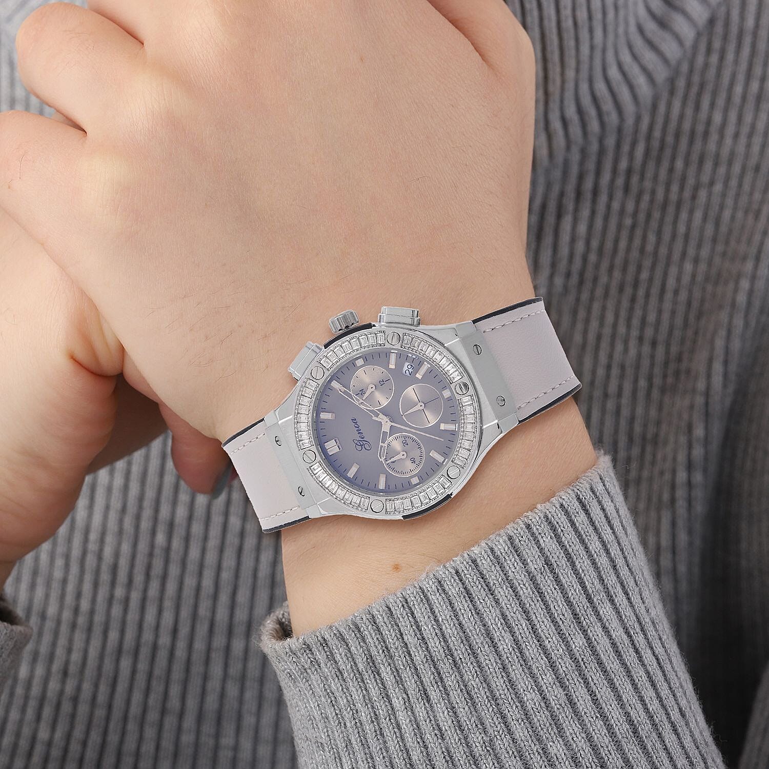 GENOA Time V2 Multifunction Movement Embellished with White CZ WR Watch in Silver Tone with Grey Silicone Strap