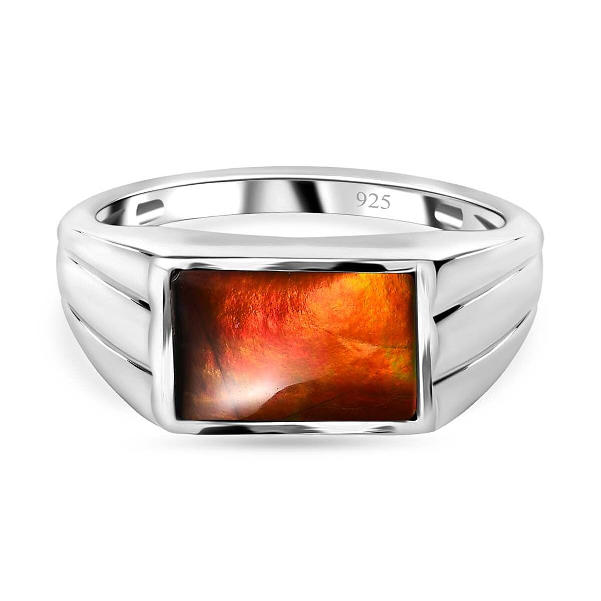 Ammolite SIGNET Ring (Bgt 12X8 mm) in Platinum Overlay Sterling Silver 3.12 Ct, Silver Wt 5.34 GM