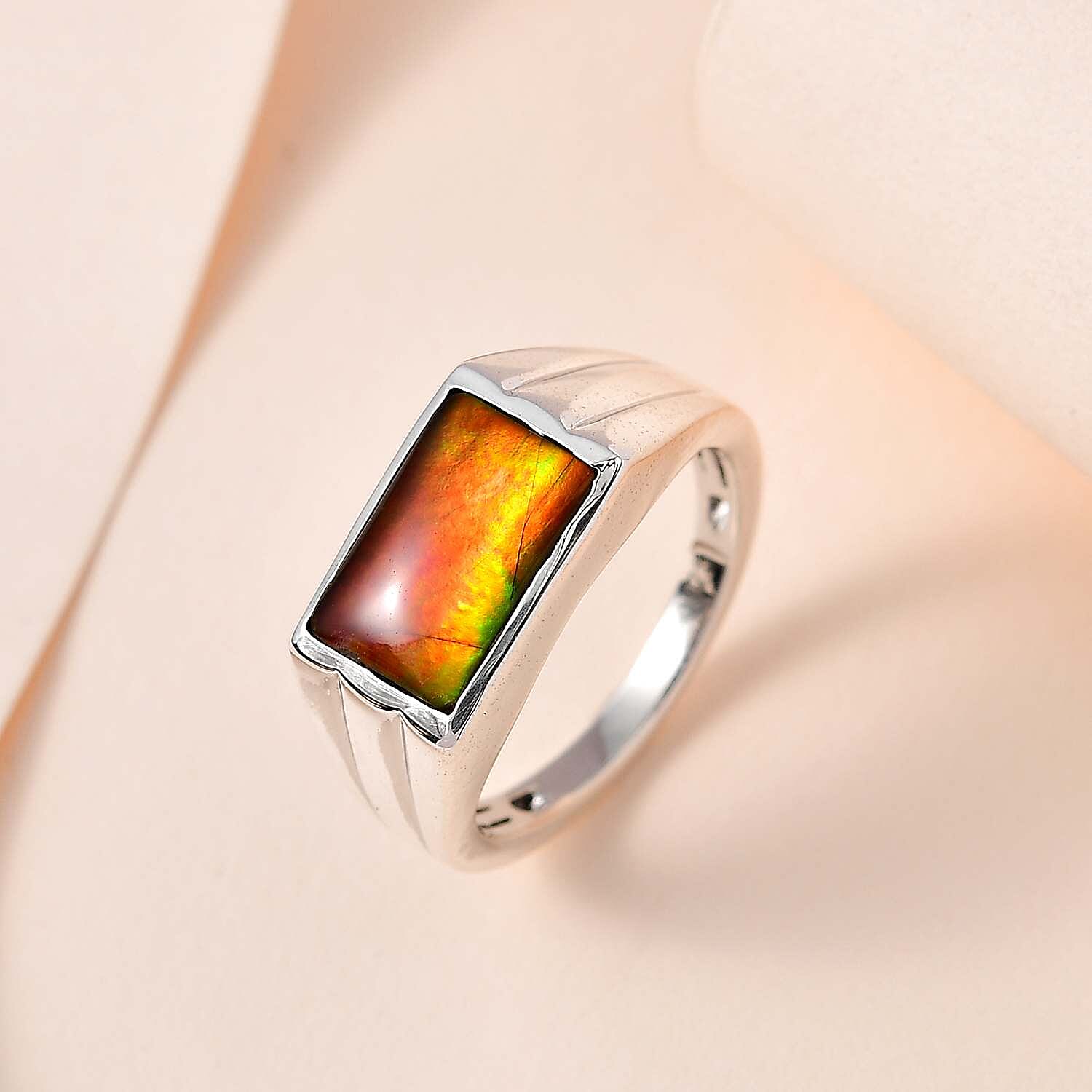 Ammolite SIGNET Ring (Bgt 12X8 mm) in Platinum Overlay Sterling Silver 3.12 Ct, Silver Wt 5.34 GM