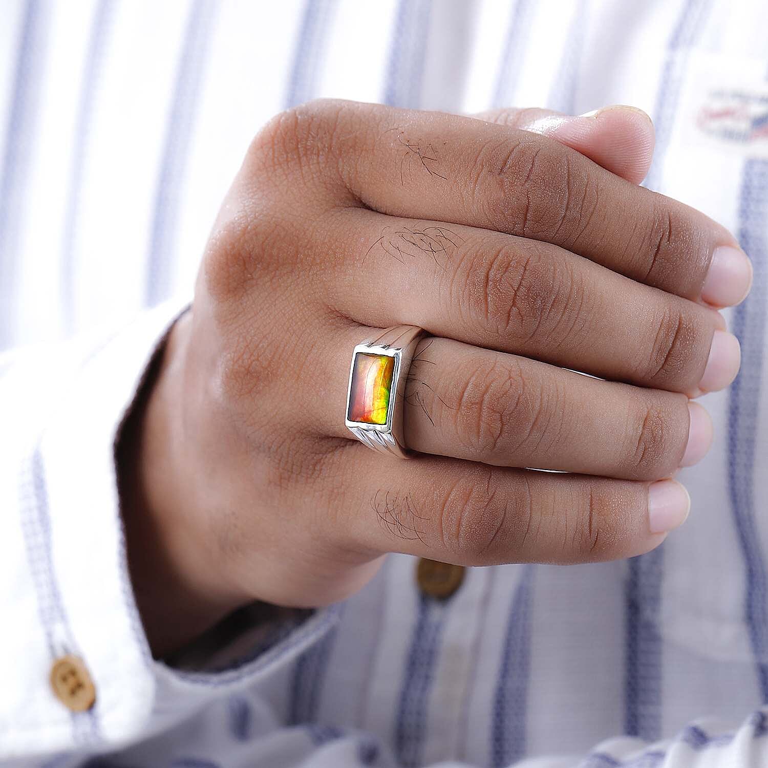 Ammolite SIGNET Ring (Bgt 12X8 mm) in Platinum Overlay Sterling Silver 3.12 Ct, Silver Wt 5.34 GM