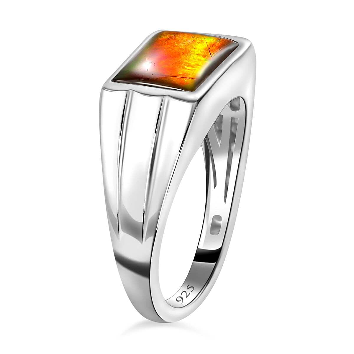 Ammolite SIGNET Ring (Bgt 12X8 mm) in Platinum Overlay Sterling Silver 3.12 Ct, Silver Wt 5.34 GM