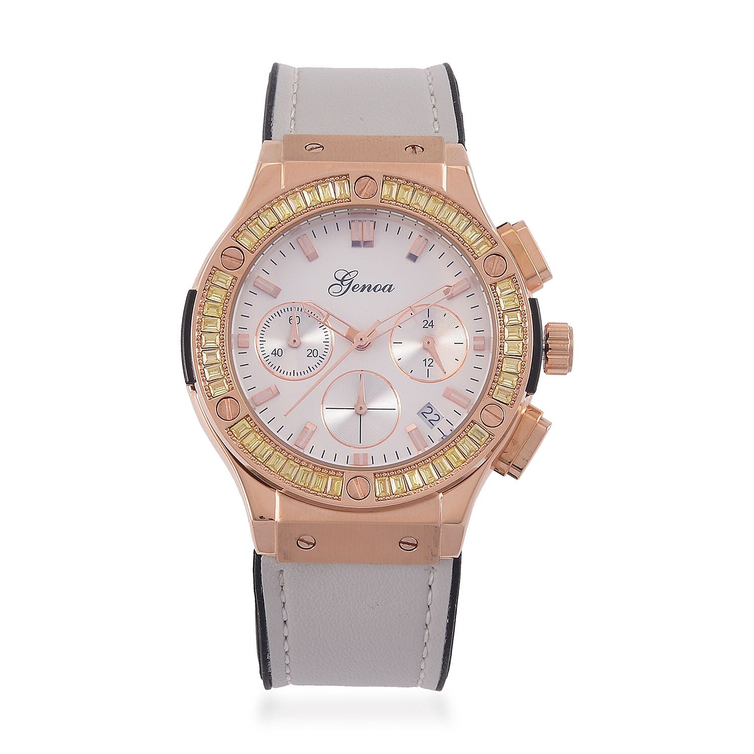 GENOA Time V2 Multifunction Movt. Embellished with Champagne CZ  WR Watch in Rose Gold Tone with Grey Silicon Strap