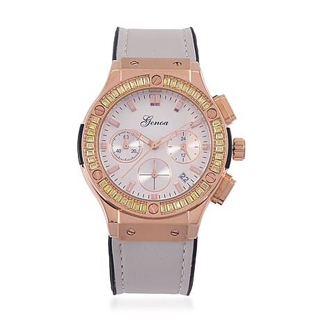 GENOA Time V2 Multifunction Movt. Embellished with Champagne CZ  WR Watch in Rose Gold Tone with Grey Silicon Strap