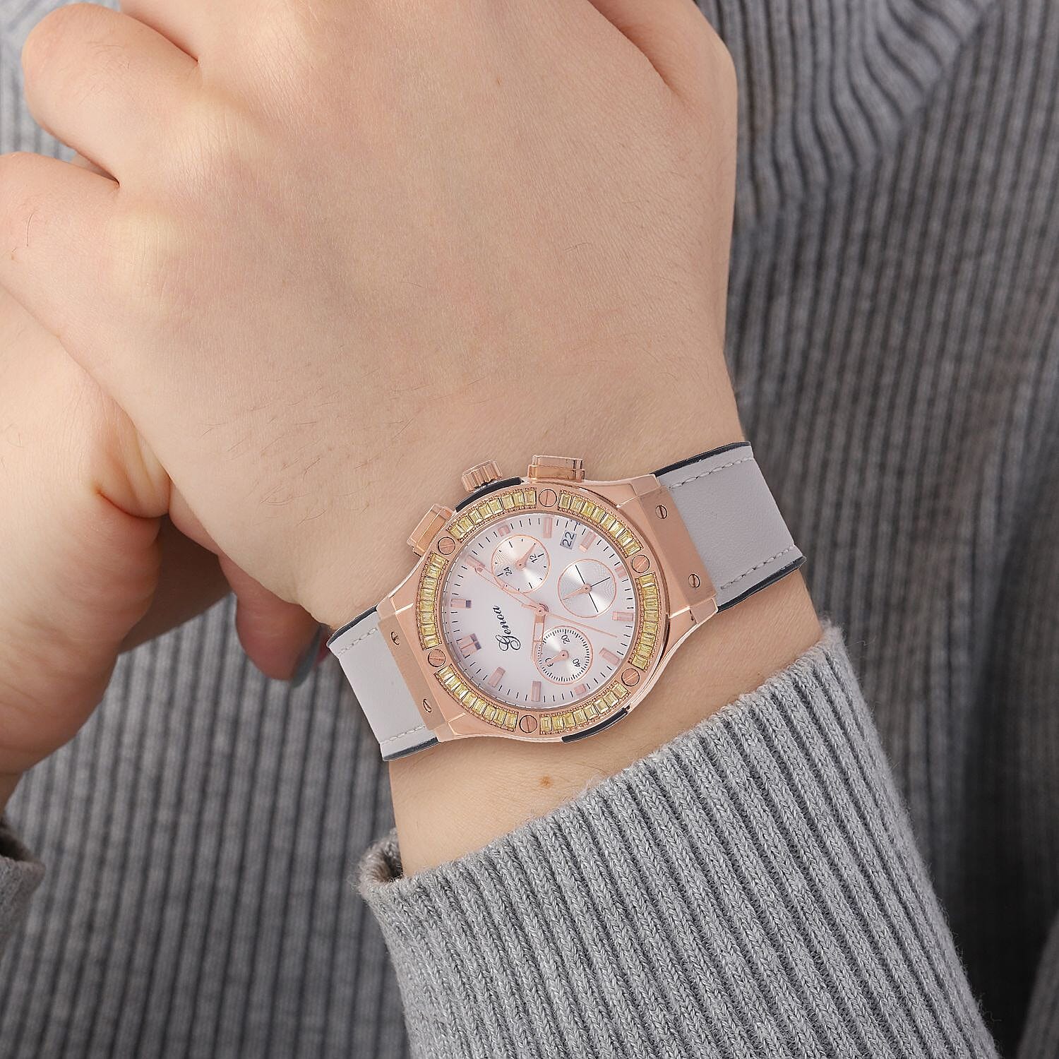 GENOA Time V2 Multifunction Movt. Embellished with Champagne CZ  WR Watch in Rose Gold Tone with Grey Silicon Strap