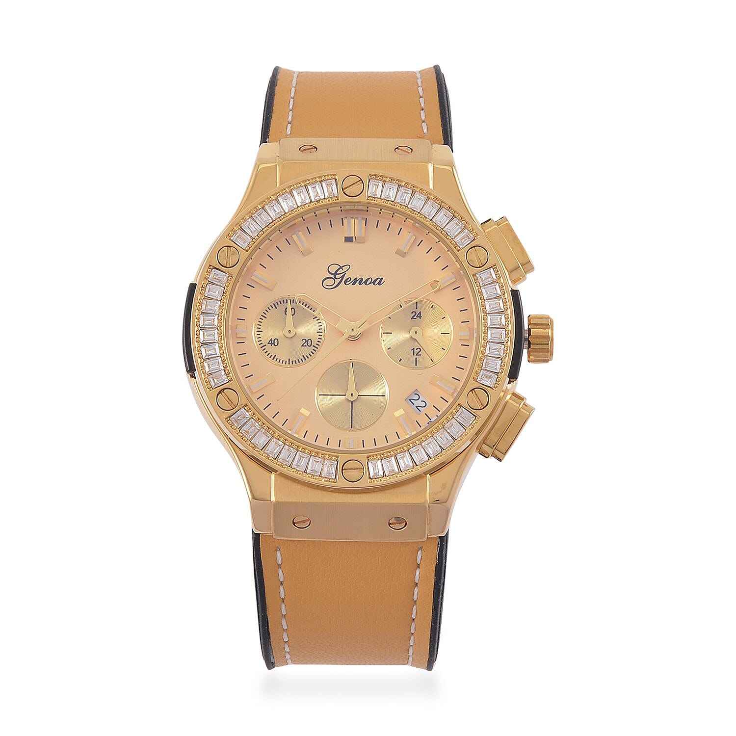 GENOA Time V2 Multifunction Movement Embellished with White CZ WR Watch in Gold Tone with Gold Silicon Strap