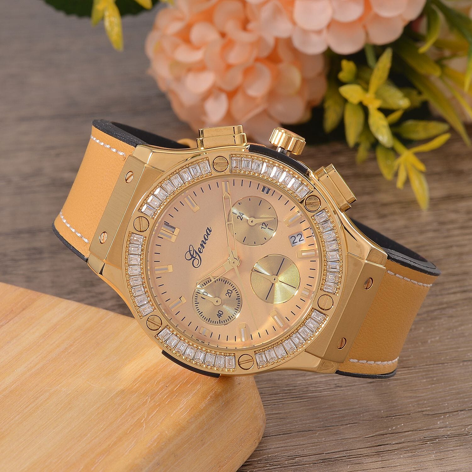 GENOA Time V2 Multifunction Movement Embellished with White CZ WR Watch in Gold Tone with Gold Silicon Strap