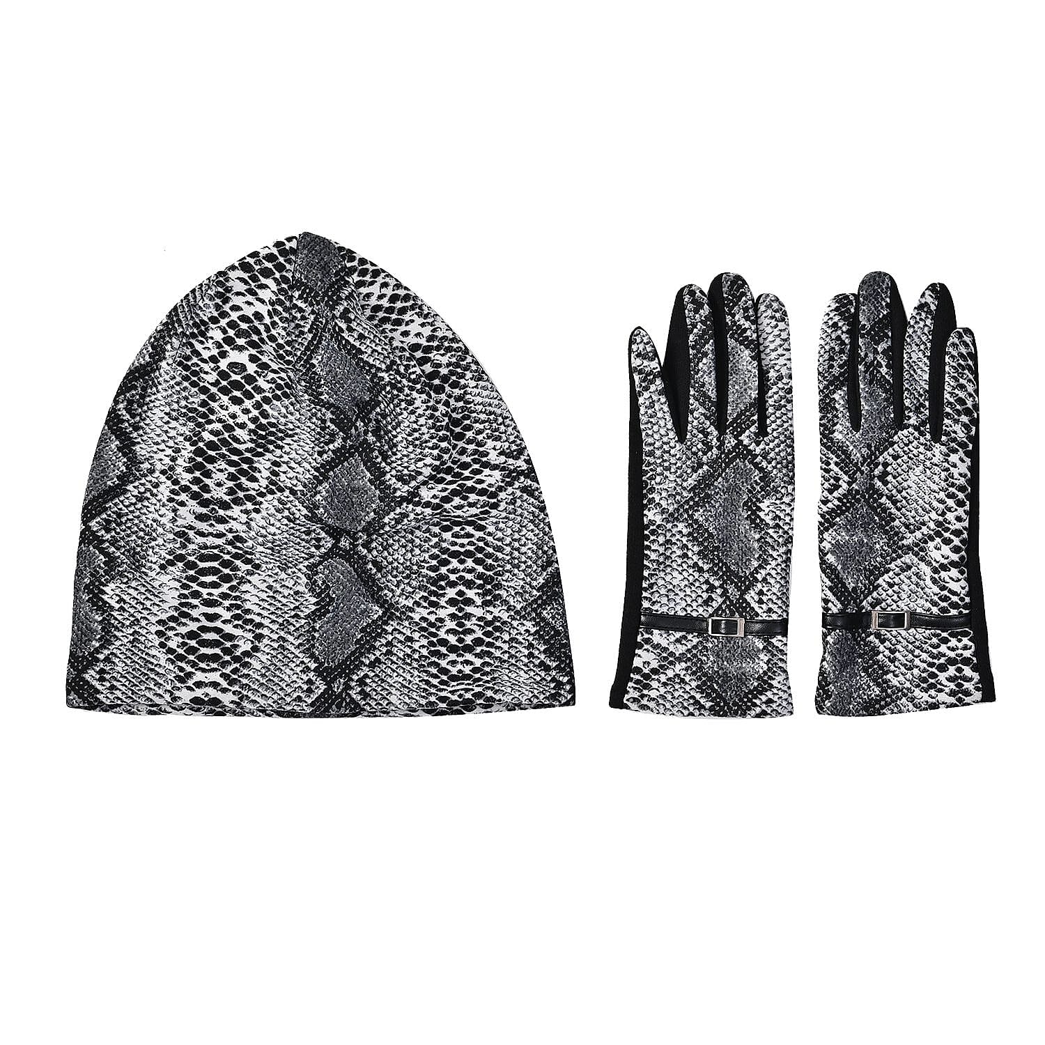 Set of 2 Python Printed Gloves & Hat - Grey