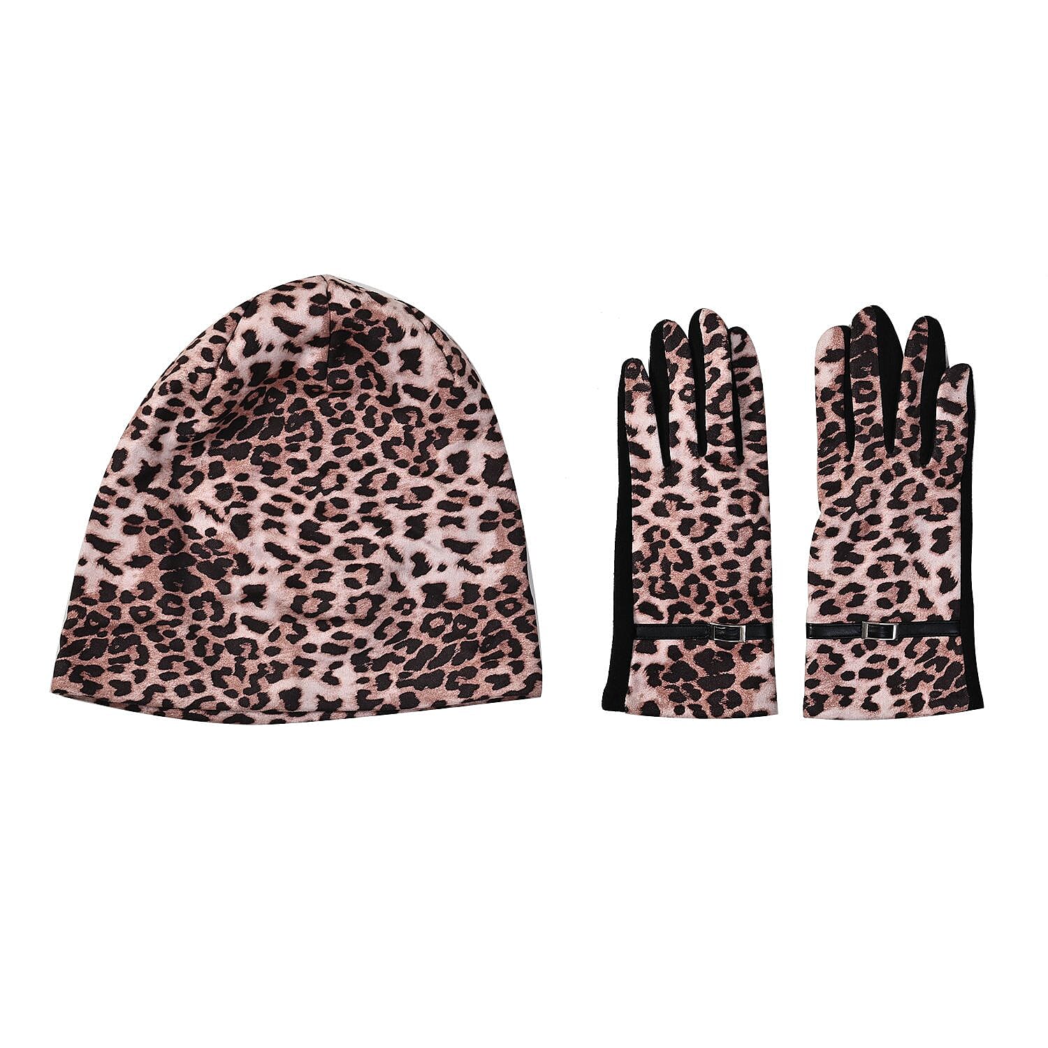 Set of 2 Leopard Printed Gloves & Hat - Grey