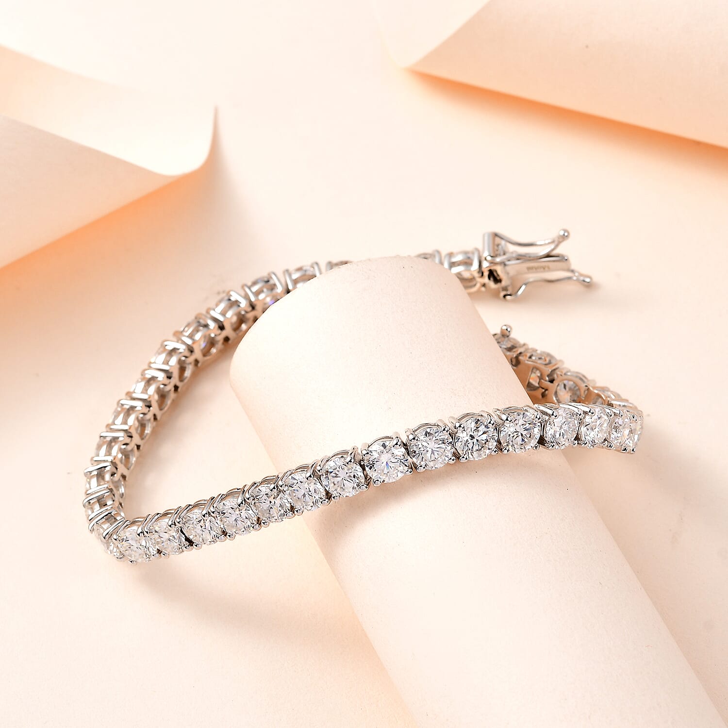 Moissanite Tennis Bracelet (Size - 7.5) in Platinum Overlay Sterling Silver 15.20 Ct, Silver Wt. 12.00 Gms