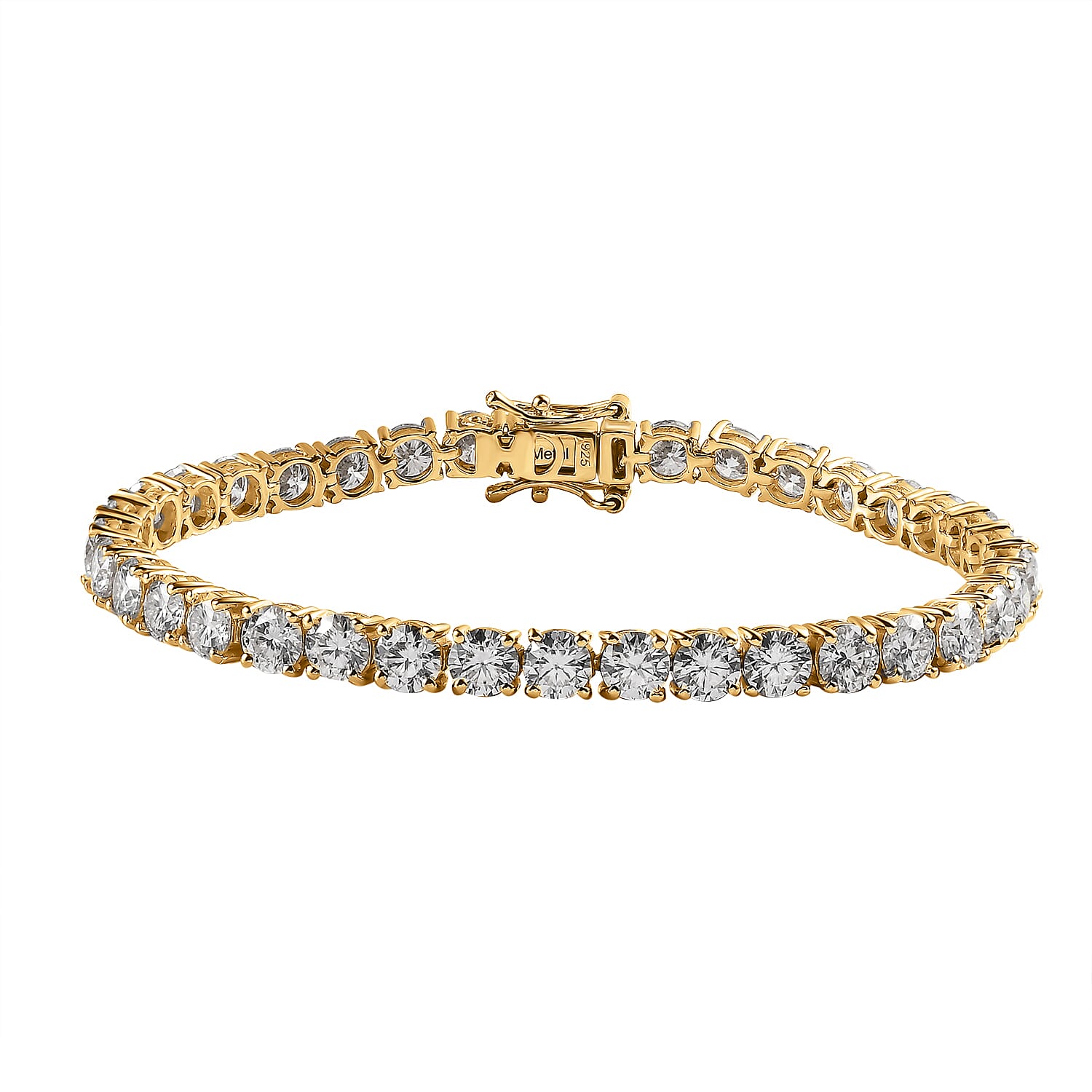 Moissanite Tennis Bracelet (Size - 7.5) in 18K Yelllow Gold Vermeil Plated Sterling Silver 15.20 Ct, Silver Wt. 12.00 Gms