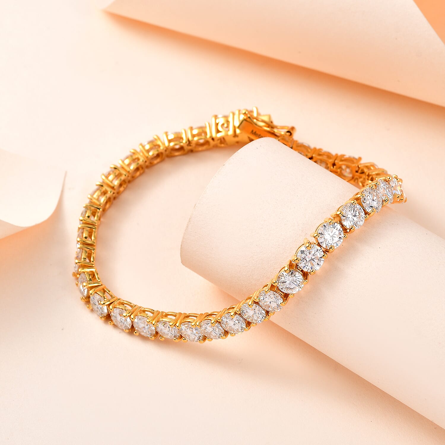 Moissanite Tennis Bracelet (Size - 7.5) in 18K Yelllow Gold Vermeil Plated Sterling Silver 15.20 Ct, Silver Wt. 12.00 Gms