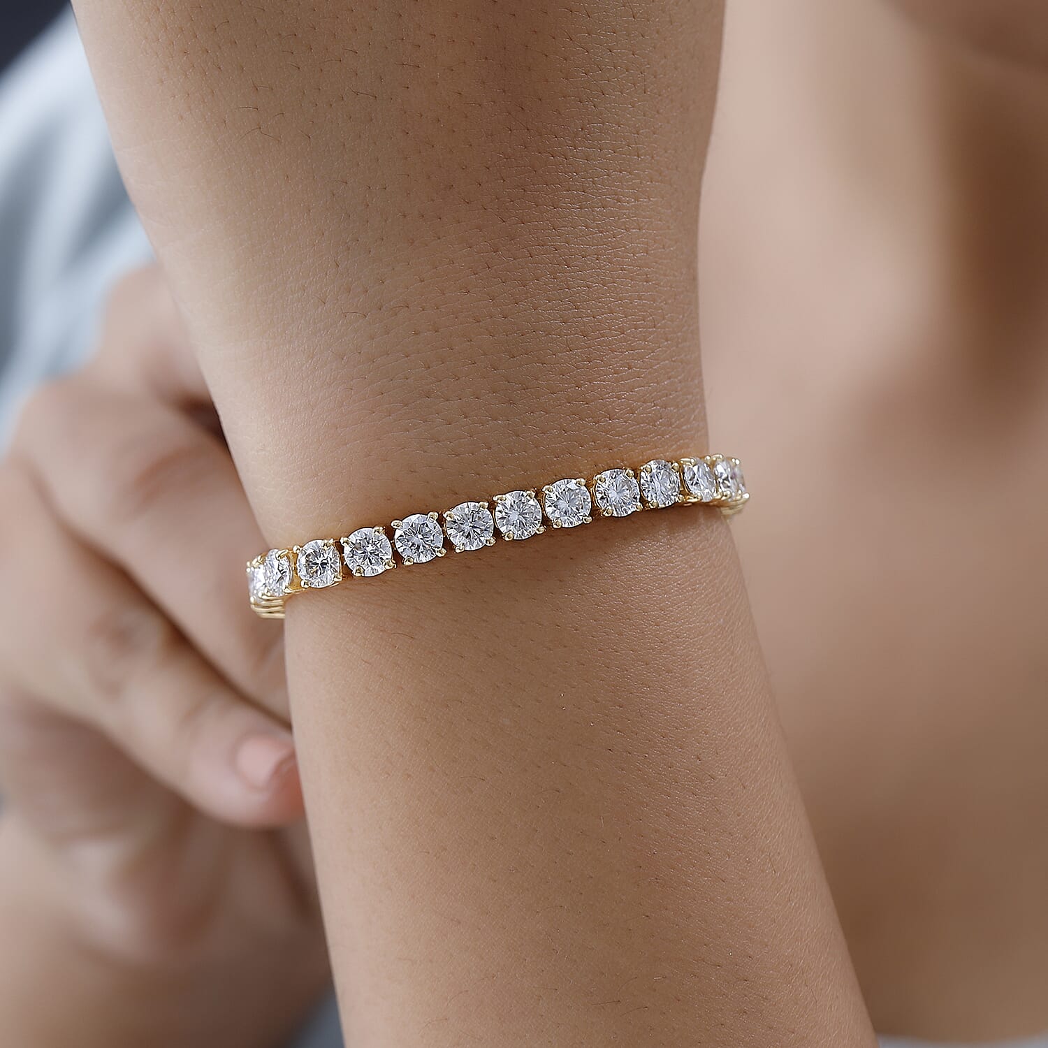 Moissanite Tennis Bracelet (Size - 7.5) in 18K Yelllow Gold Vermeil Plated Sterling Silver 15.20 Ct, Silver Wt. 12.00 Gms