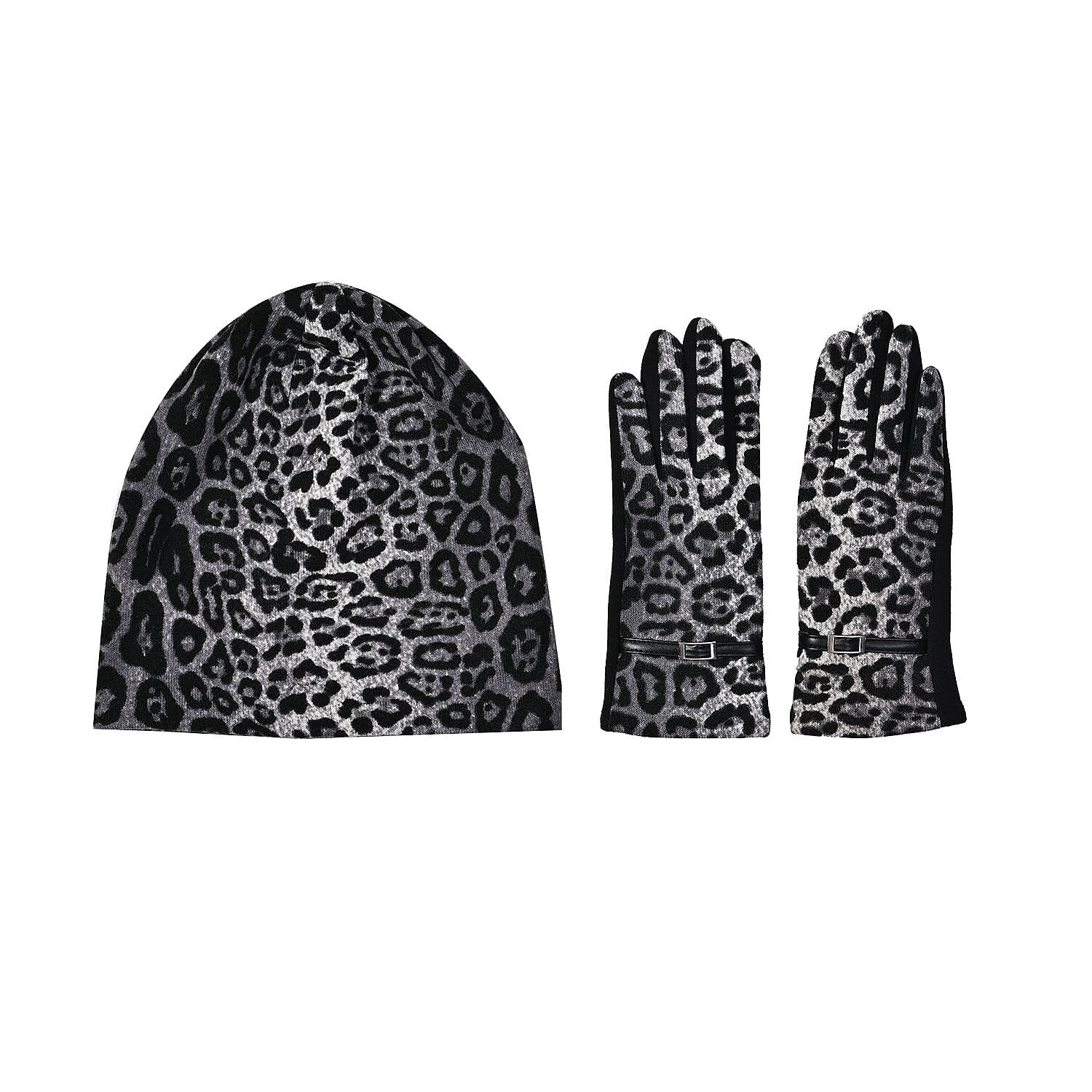Set of 2 Leopard Printed Gloves & Hat - Grey
