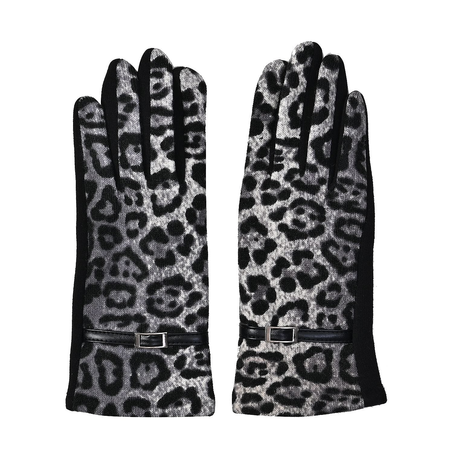 Set of 2 Leopard Printed Gloves & Hat - Grey