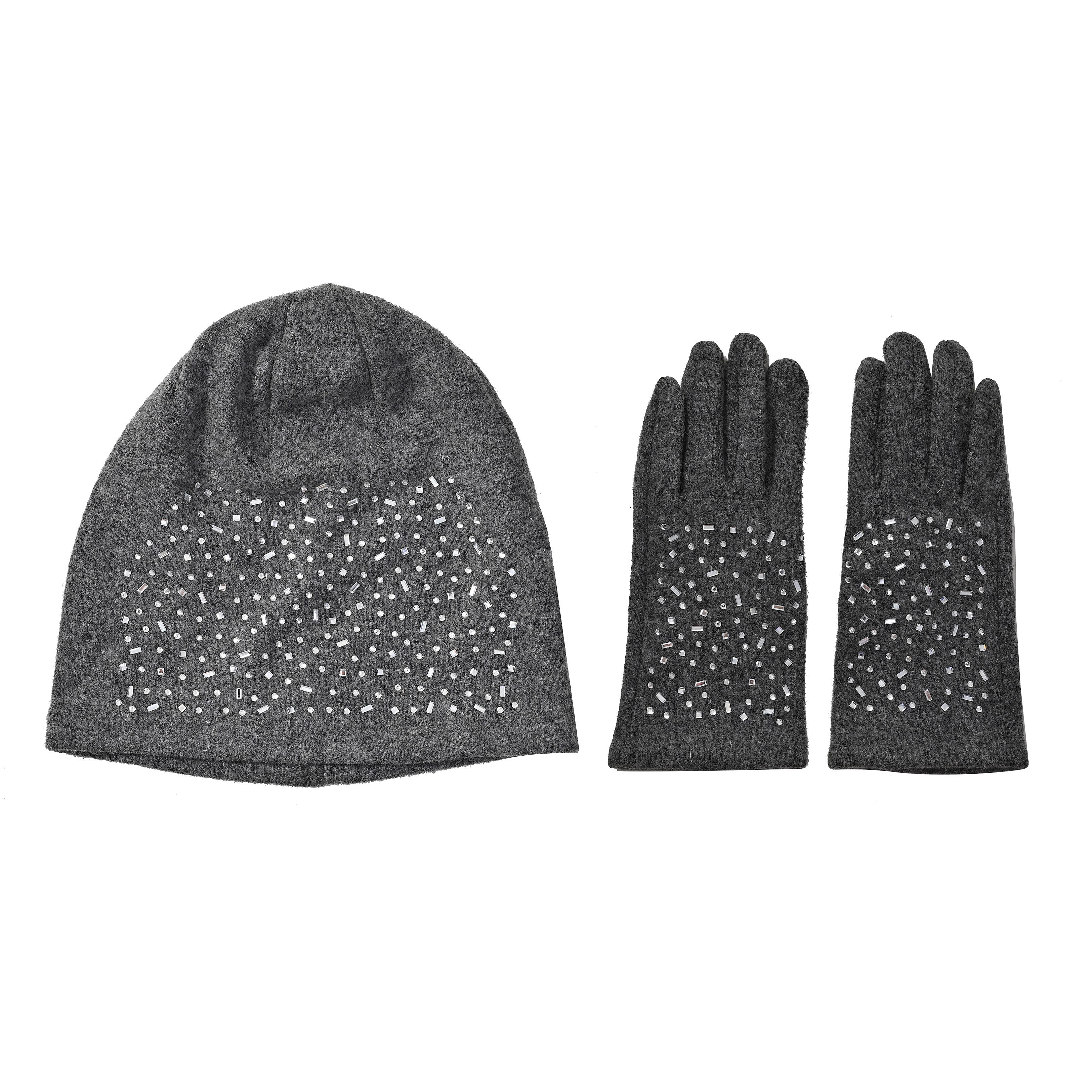 70% Cashmere Wool Gloves & Hat - Grey